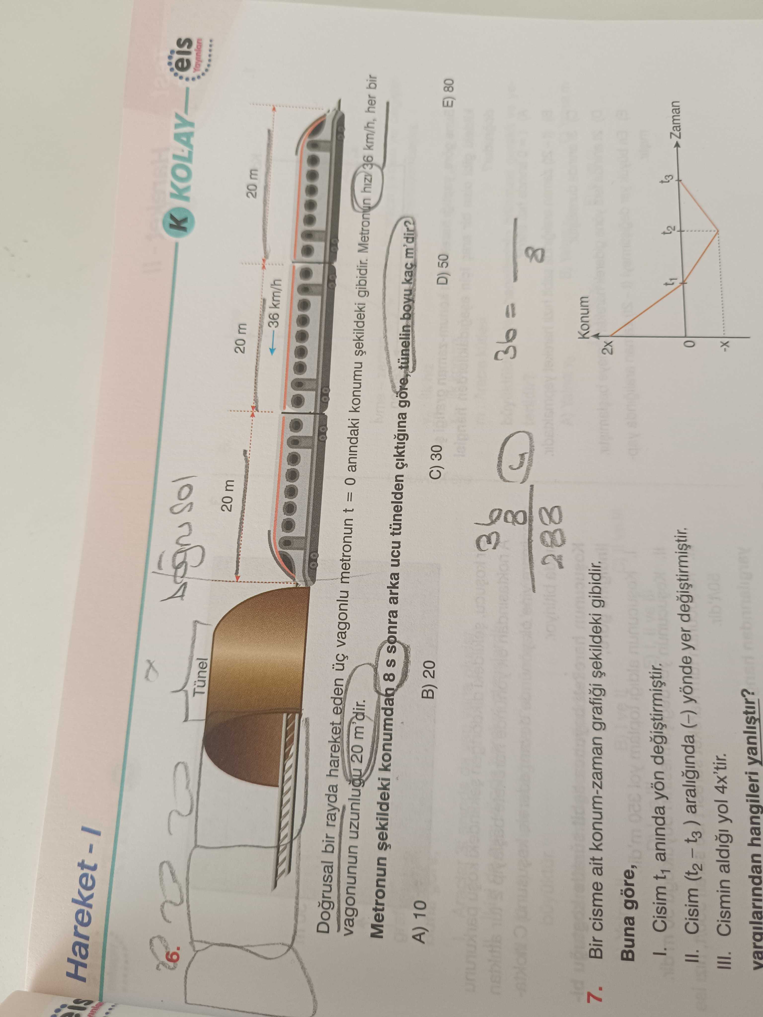 Doğrusal bir rayda hareket eden üç vagonlu metronun t = 0 anındaki konumu şekildeki gibidir