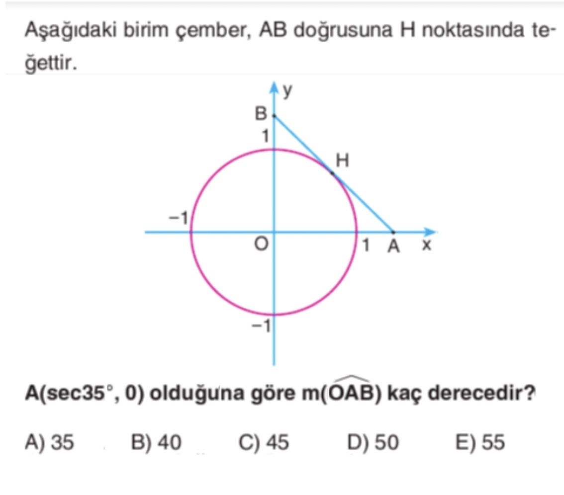 Aşağıdaki birim çember, AB doğrusuna H noktasında teğettir. A(sec35°, 0) olduğuna göre m(ÔAB) kaç