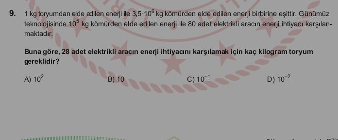 1 kg toryumdan elde edilen enerji ile 3,5·10⁶ kg kömürden elde edilen enerji birbirine eşittir