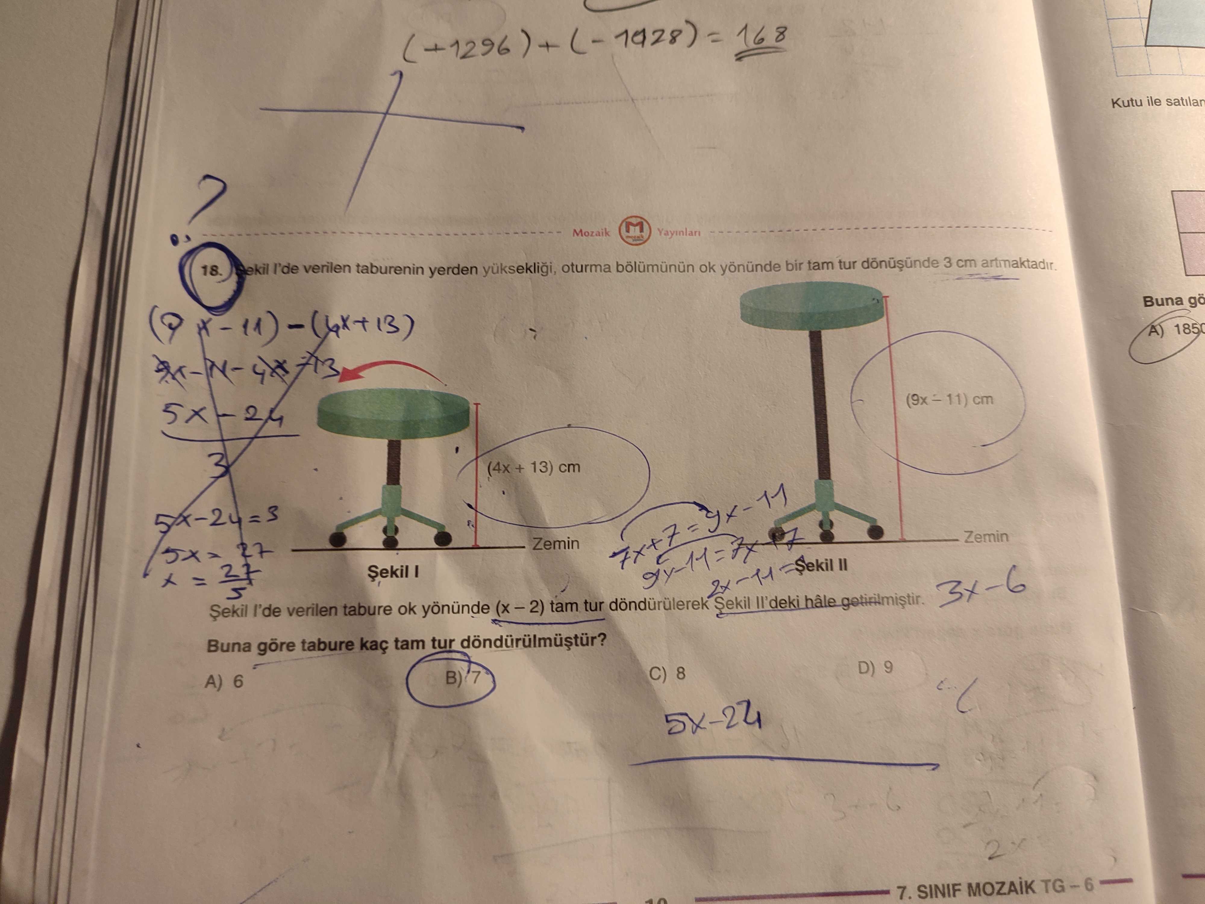 Şekil I'de verilen taburenin yerden yüksekliği, oturma bölümünün ok yönünde bir tam tur dönüşünde 3