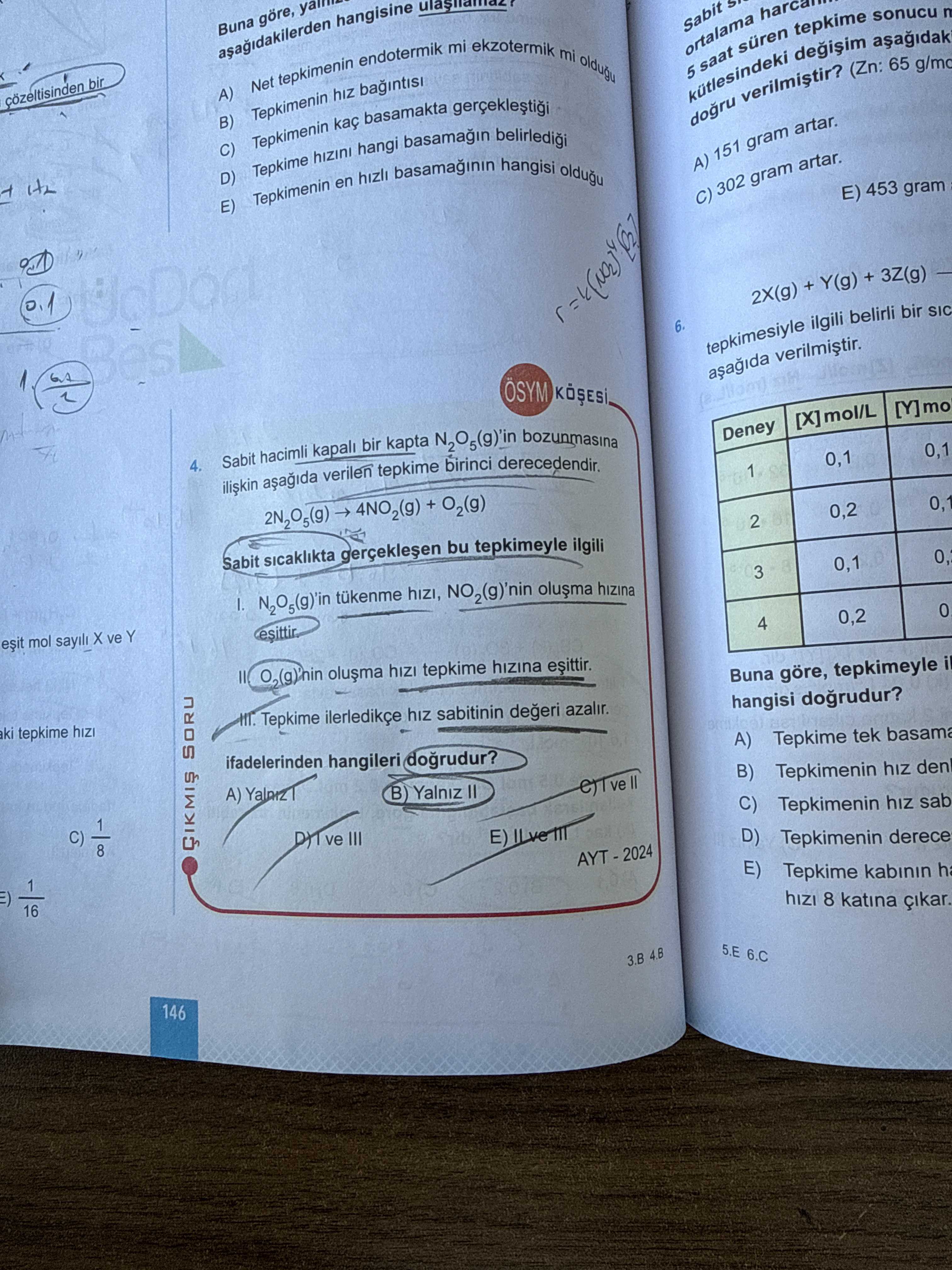 Sabit hacimli kapalı bir kapta N₂O₅(g)'in bozunmasına ilişkin aşağıda verilen tepkime birinci
