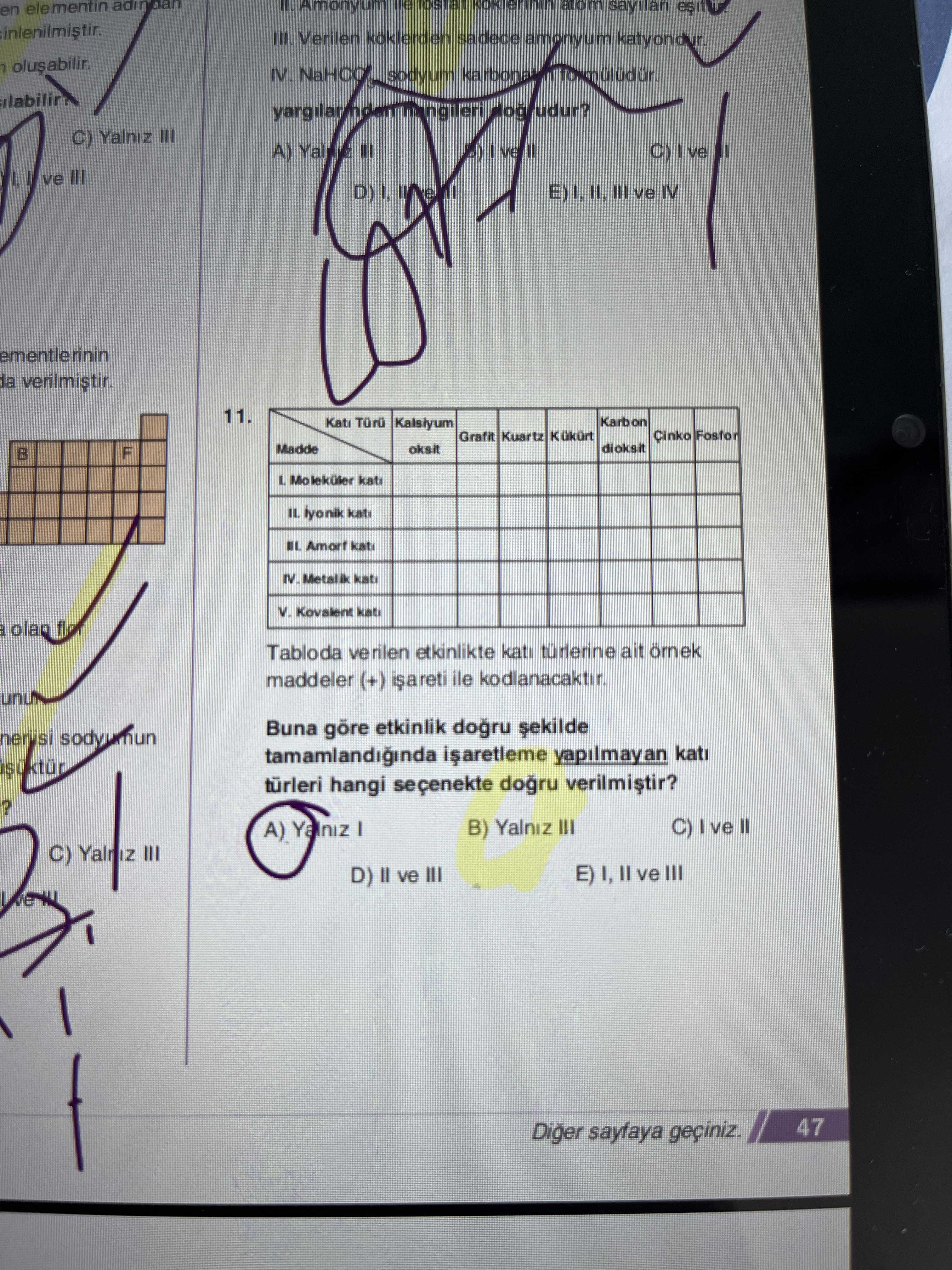 Tabloda verilen etkinlikte katı türlerine ait örnek maddeler (+) işareti ile kodlanacaktır. Buna