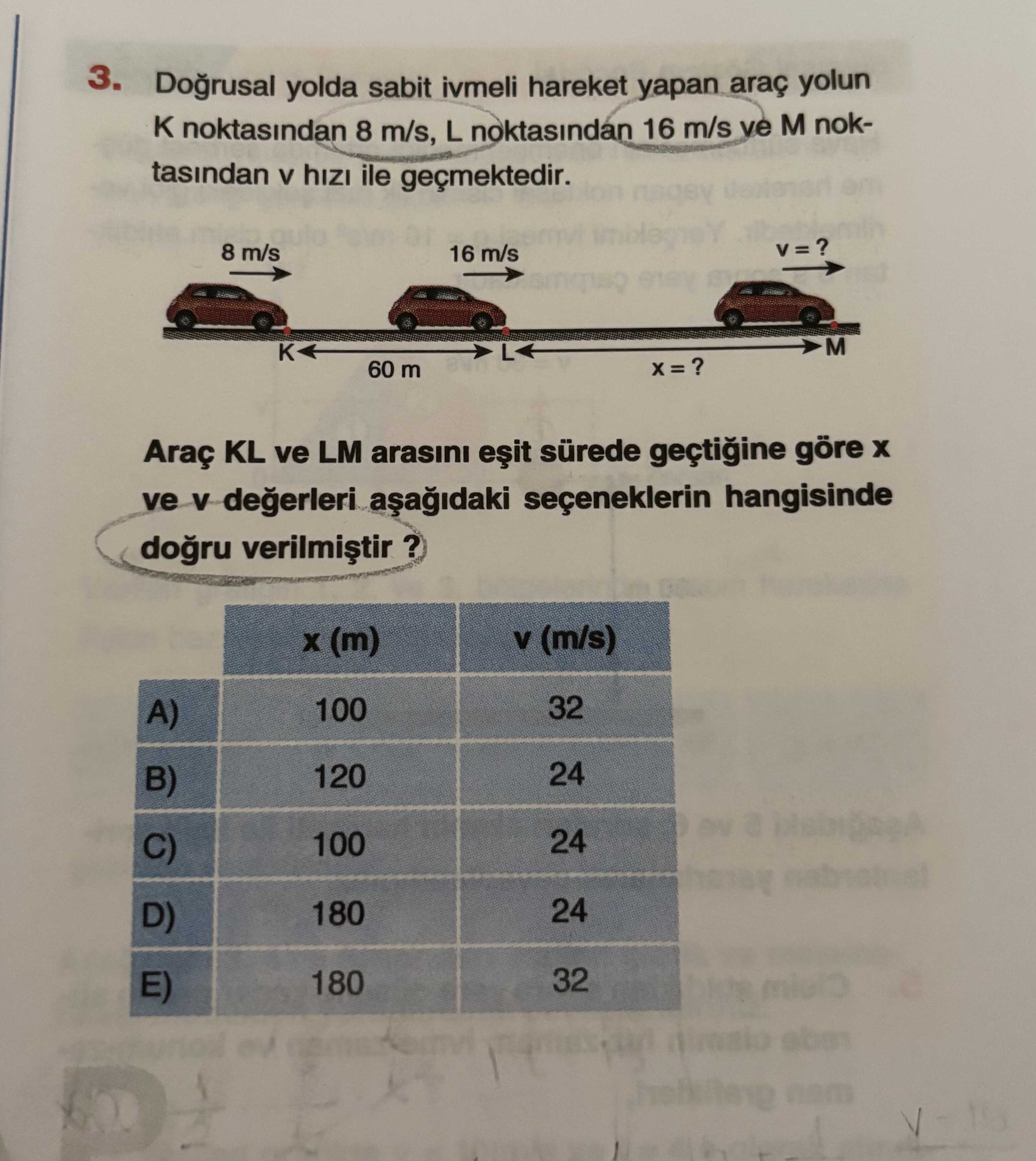 Doğrusal yolda sabit ivmeli hareket yapan araç yolun K noktasından 8 m/s, L noktasından 16 m/s ve M