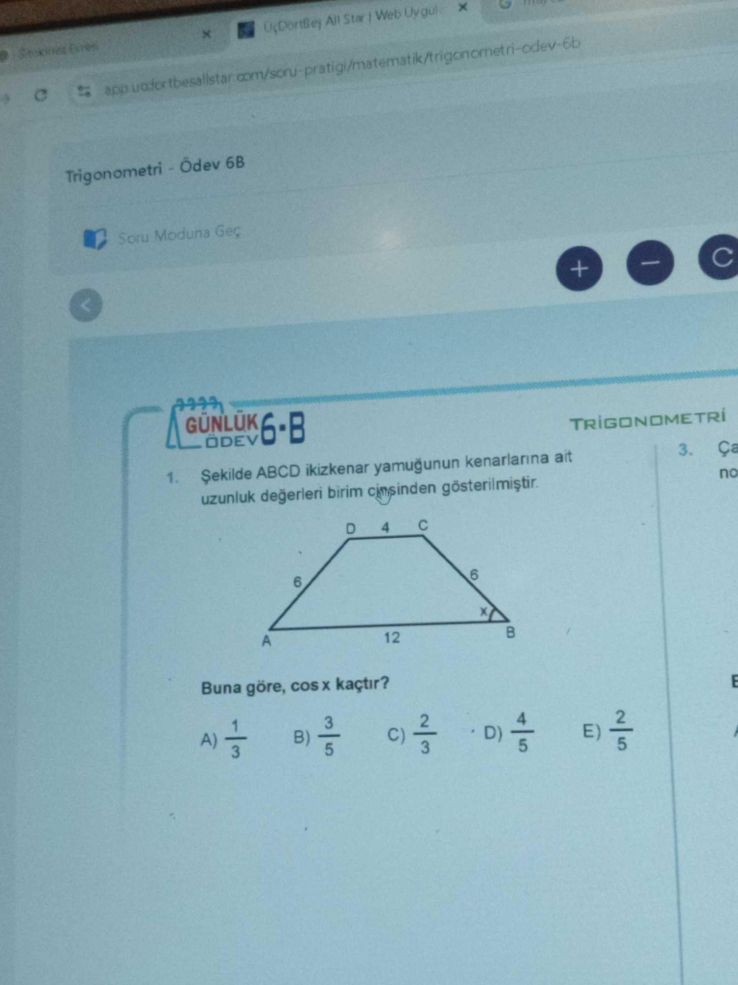 Şekilde ABCD ikizkenar yamuğunun kenarlarına ait uzunluk değerleri birim cinsinden gösterilmiştir