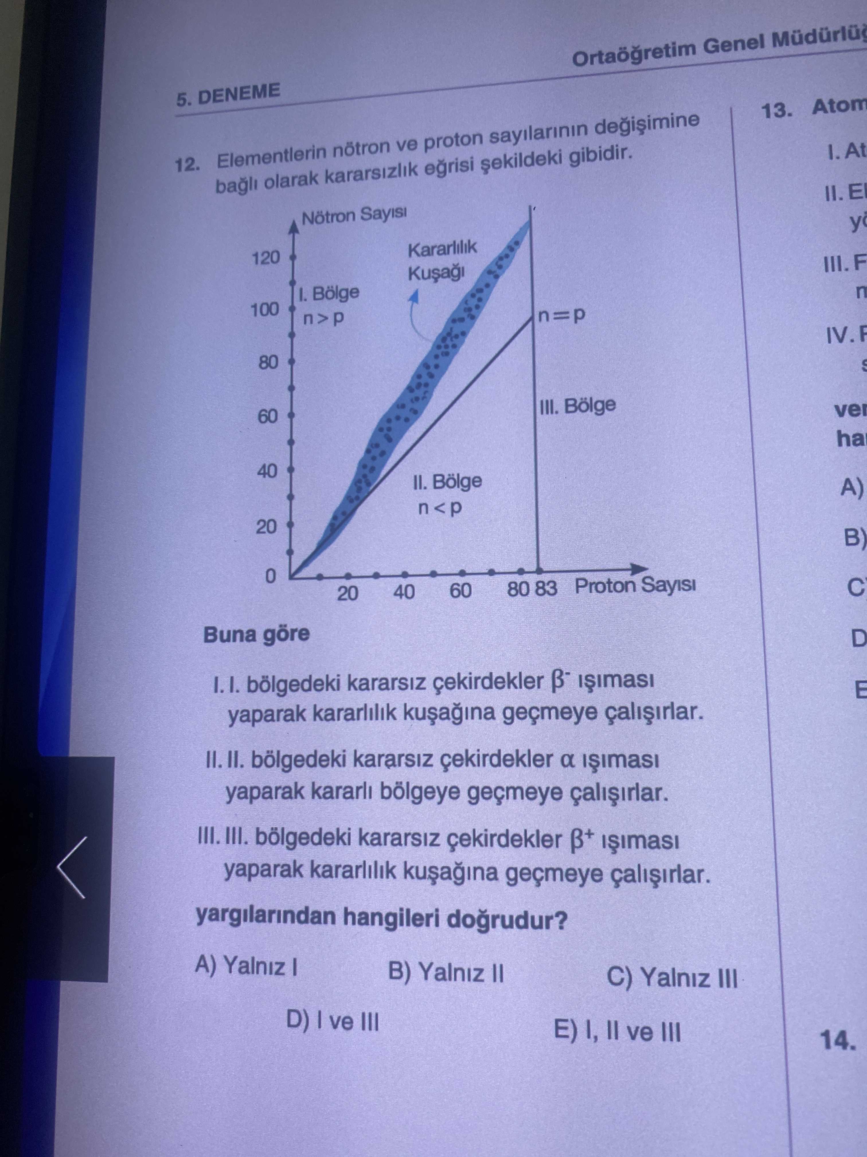 Elementlerin nötron ve proton sayılarının değişimine bağlı olarak kararsızlık eğrisi şekildeki