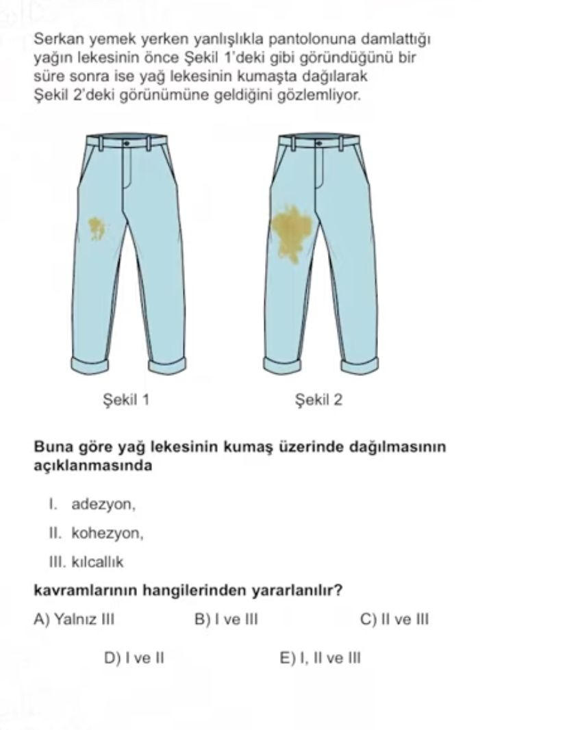 Serkan yemek yerken yanlışlıkla pantolonuna damlattığı yağın lekesinin önce Şekil 1'deki gibi