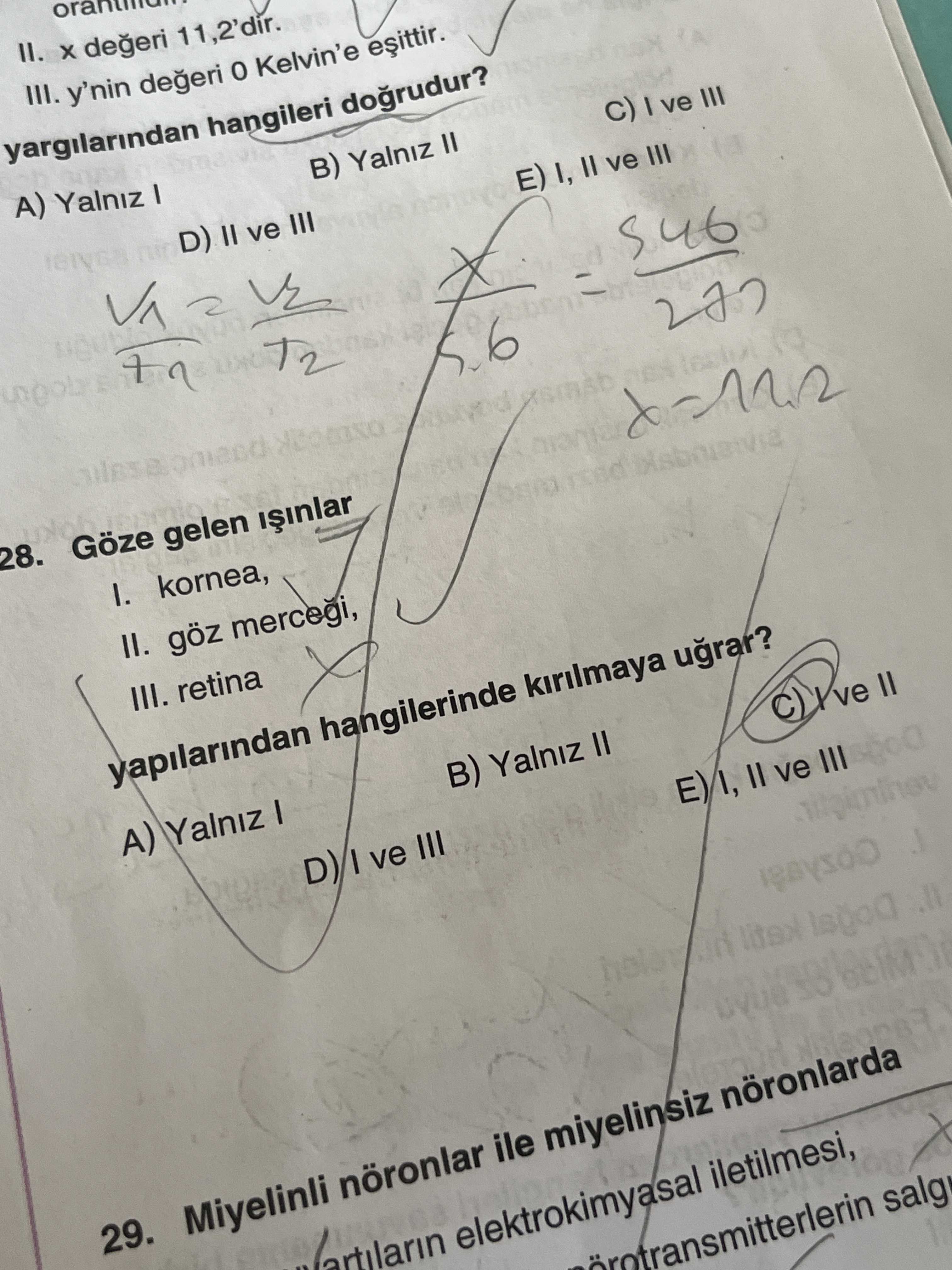 Göze gelen ışınlar I. kornea, II. göz merceği, III. retina yapılarından hangilerinde kırılmaya
