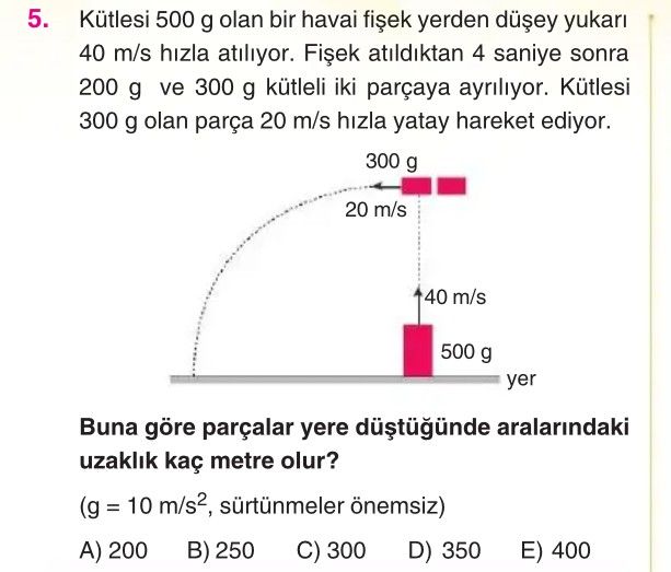 Kütlesi 500 g olan bir havai fişek yerden düşey yukarı 40 m/s hızla atılıyor. Fişek atıldıktan 4