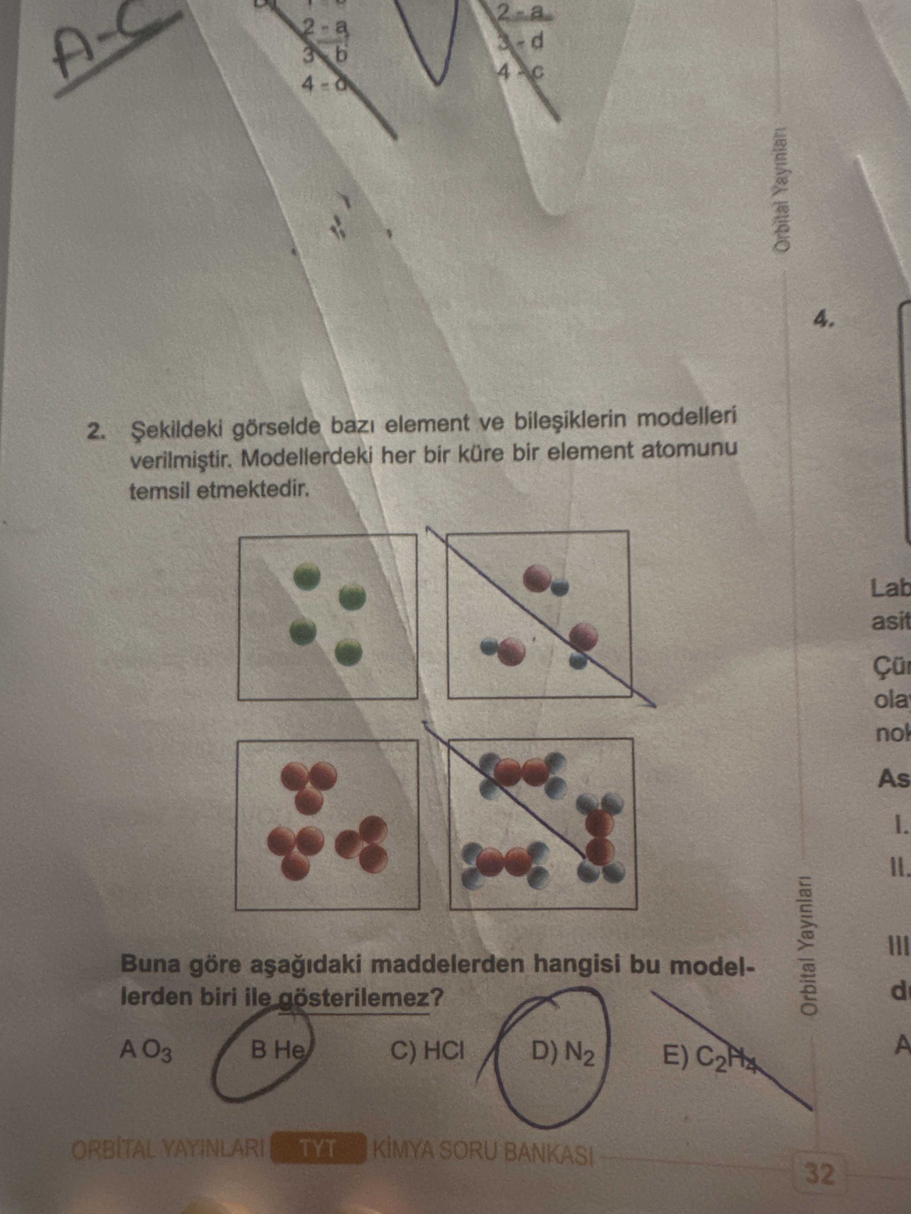 Şekildeki görselde bazı element ve bileşiklerin modelleri verilmiştir. Modellerdeki her bir küre bir