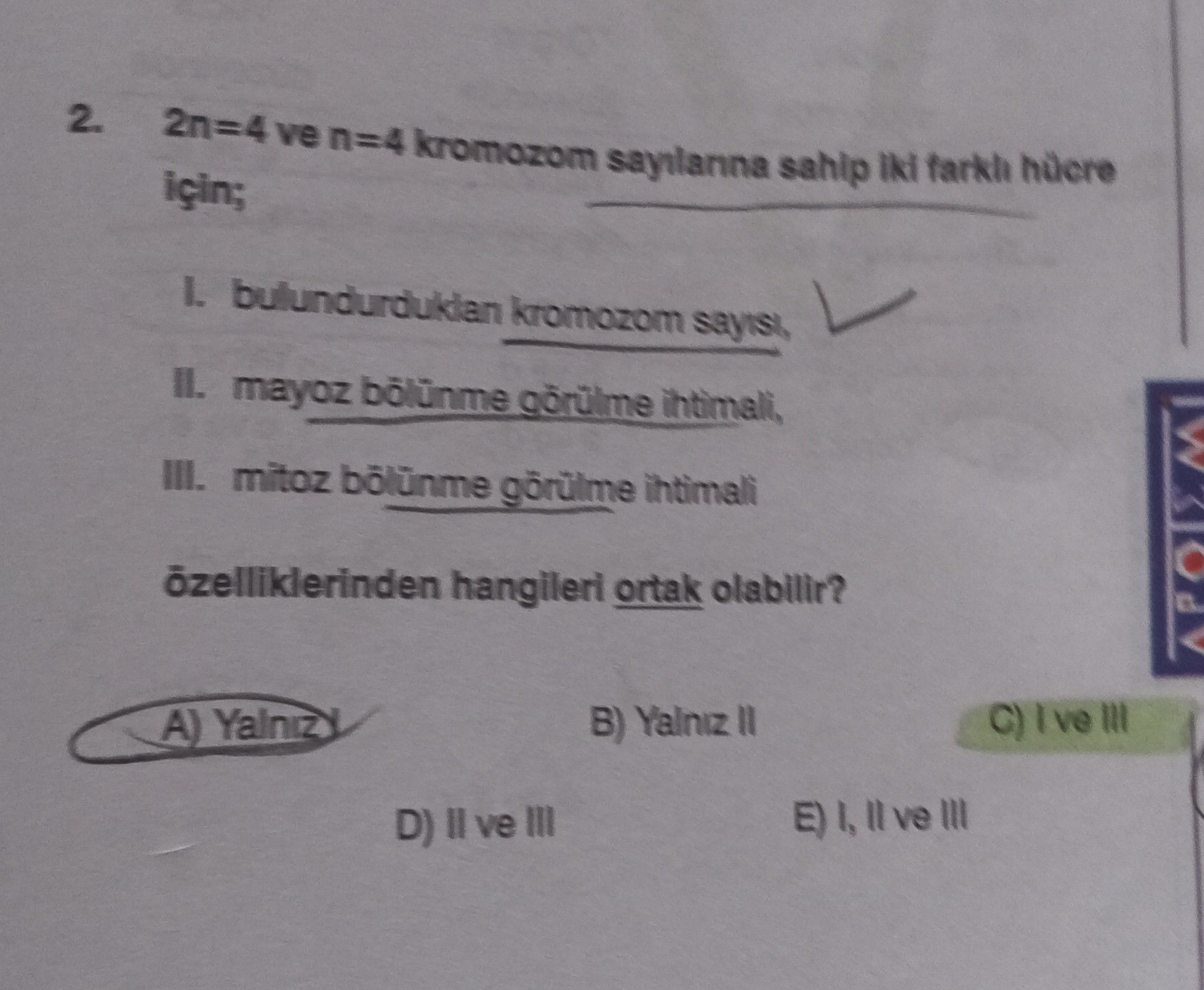 2n=4 ve n=4 kromozom sayılarına sahip iki farklı hücre için; I. bulundurdukları kromozom sayısı, II