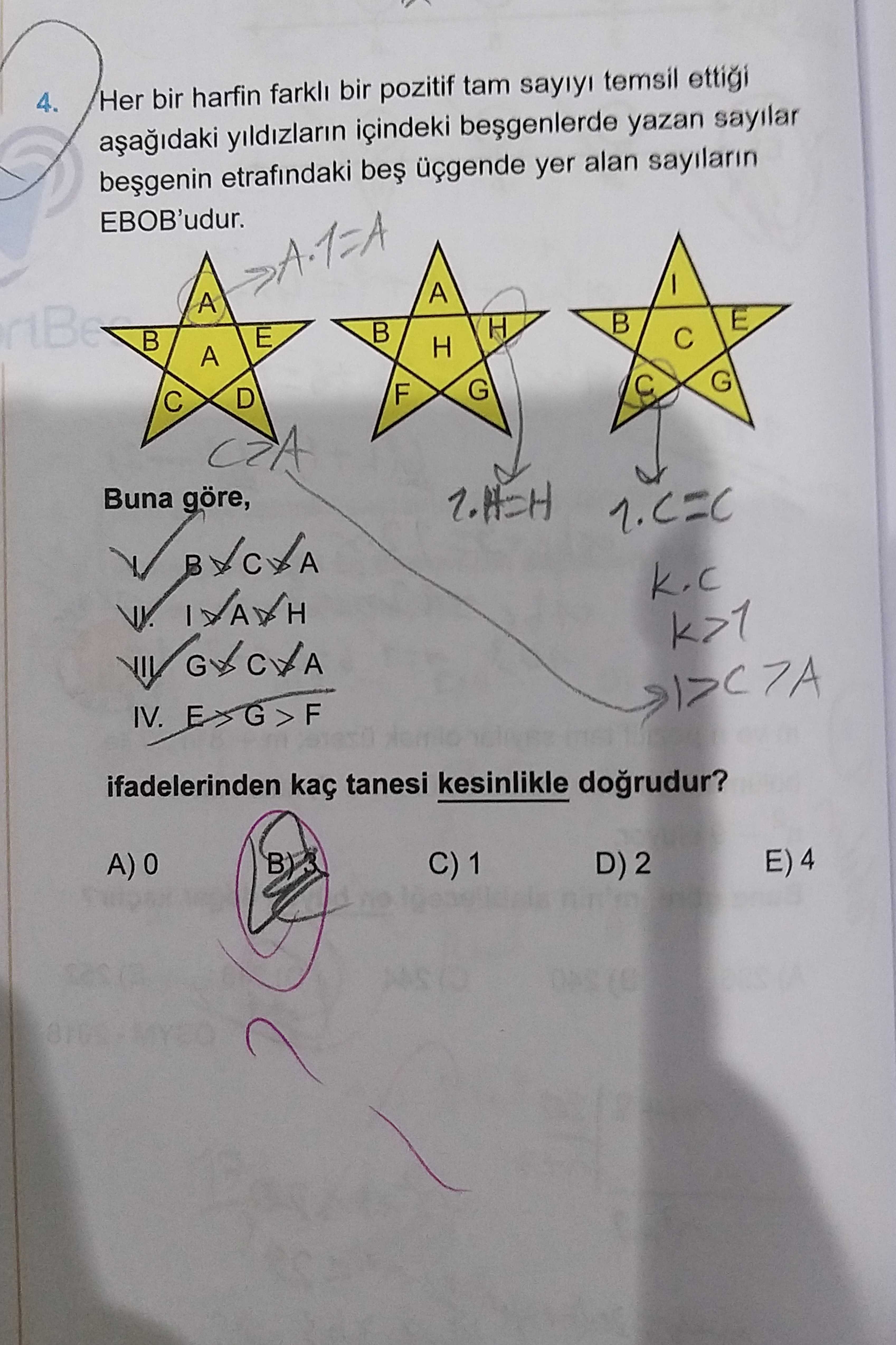 Her bir harfin farklı bir pozitif tam sayıyı temsil ettiği aşağıdaki yıldızların içindeki