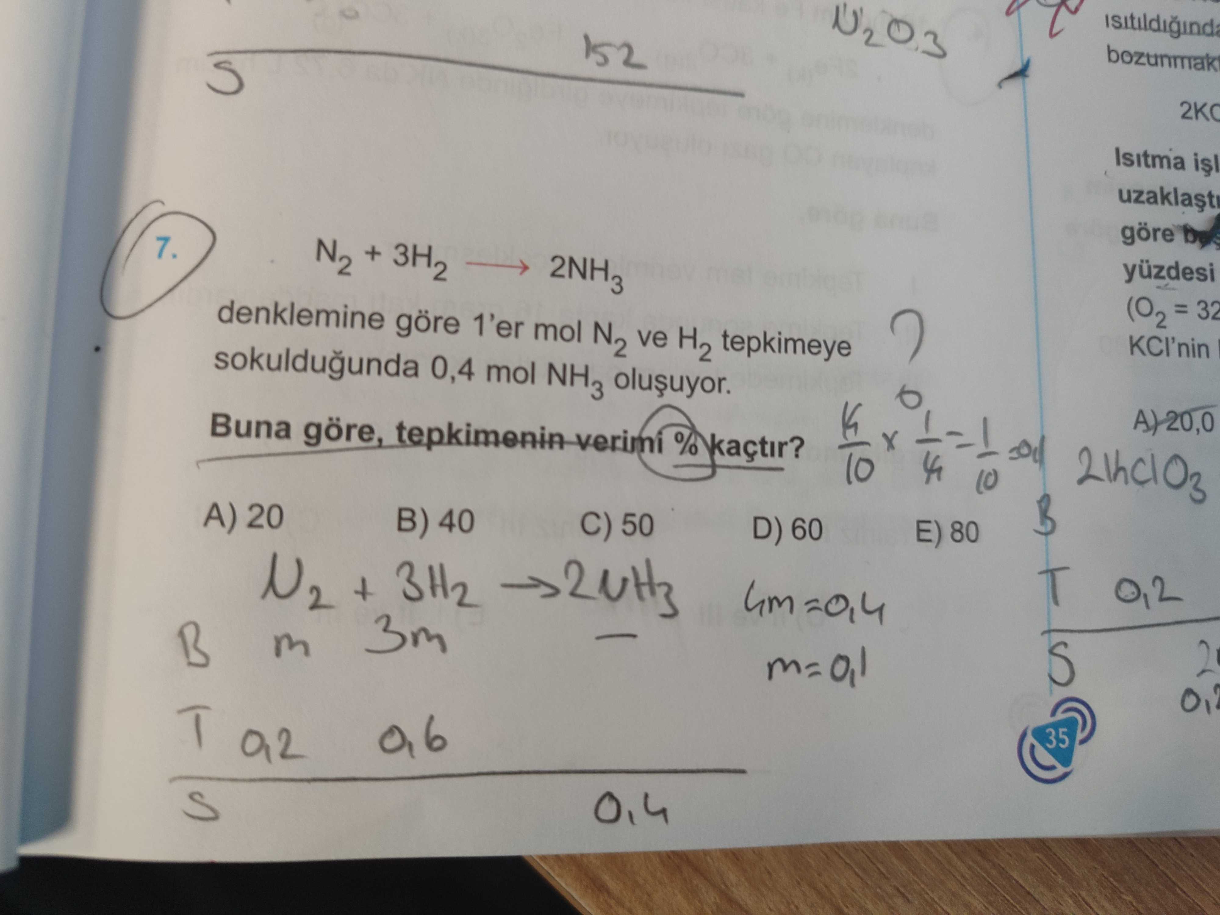N₂ + 3H₂ ——→ 2NH₃ denklemine göre 1'er mol N₂ ve H₂ tepkimeye sokulduğunda 0,4 mol NH₃ oluşuyor