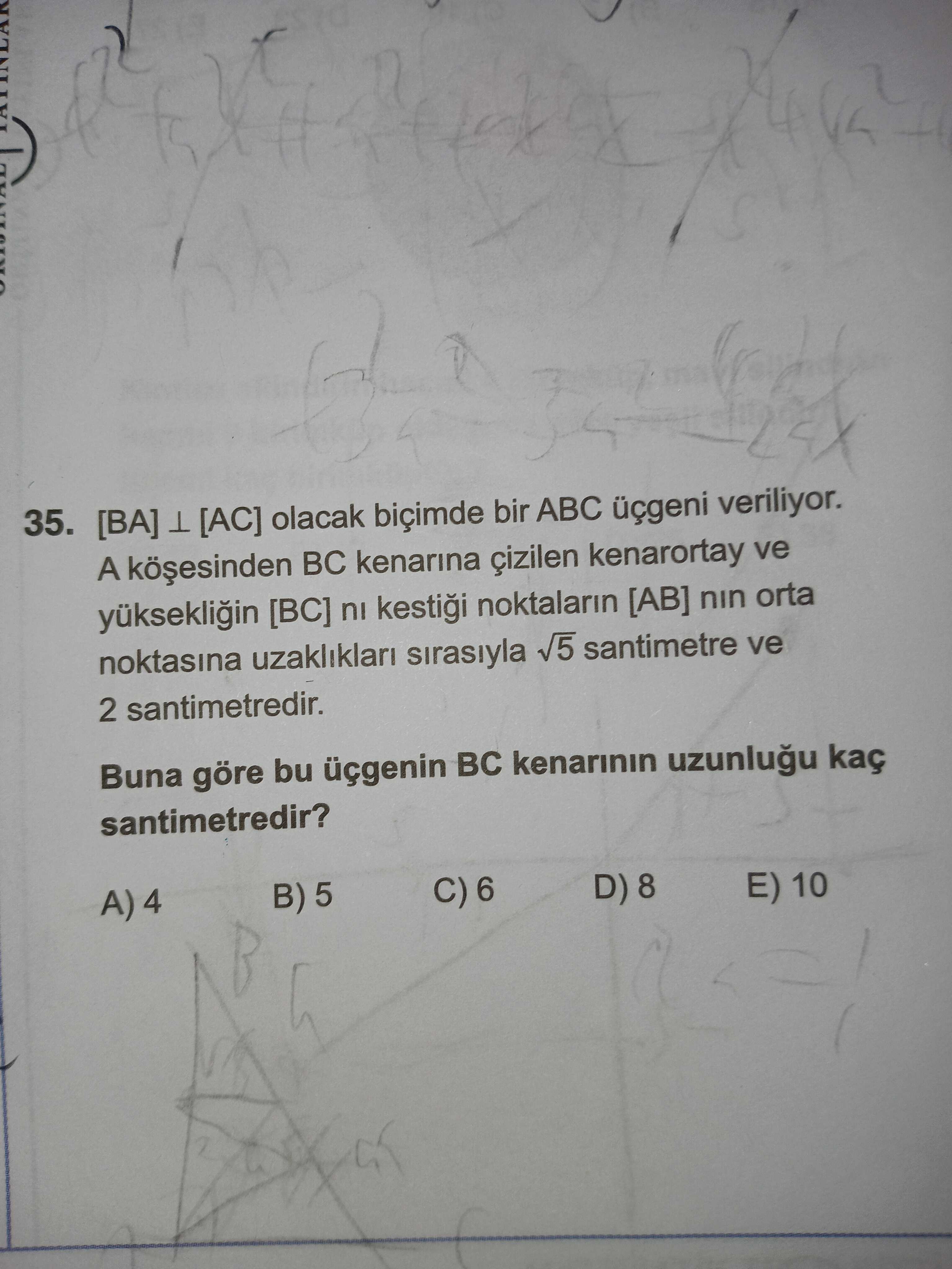 [BA] ⊥ [AC] olacak biçimde bir ABC üçgeni veriliyor. A köşesinden BC kenarına çizilen kenarortay ve