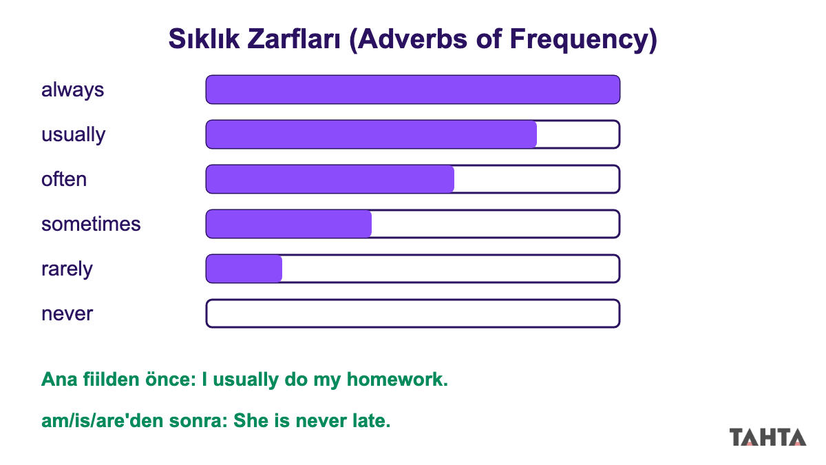 İngilizce sıklık zarfları always usually often sometimes rarely never dolum çubuklarıyla ve cümledeki yeri