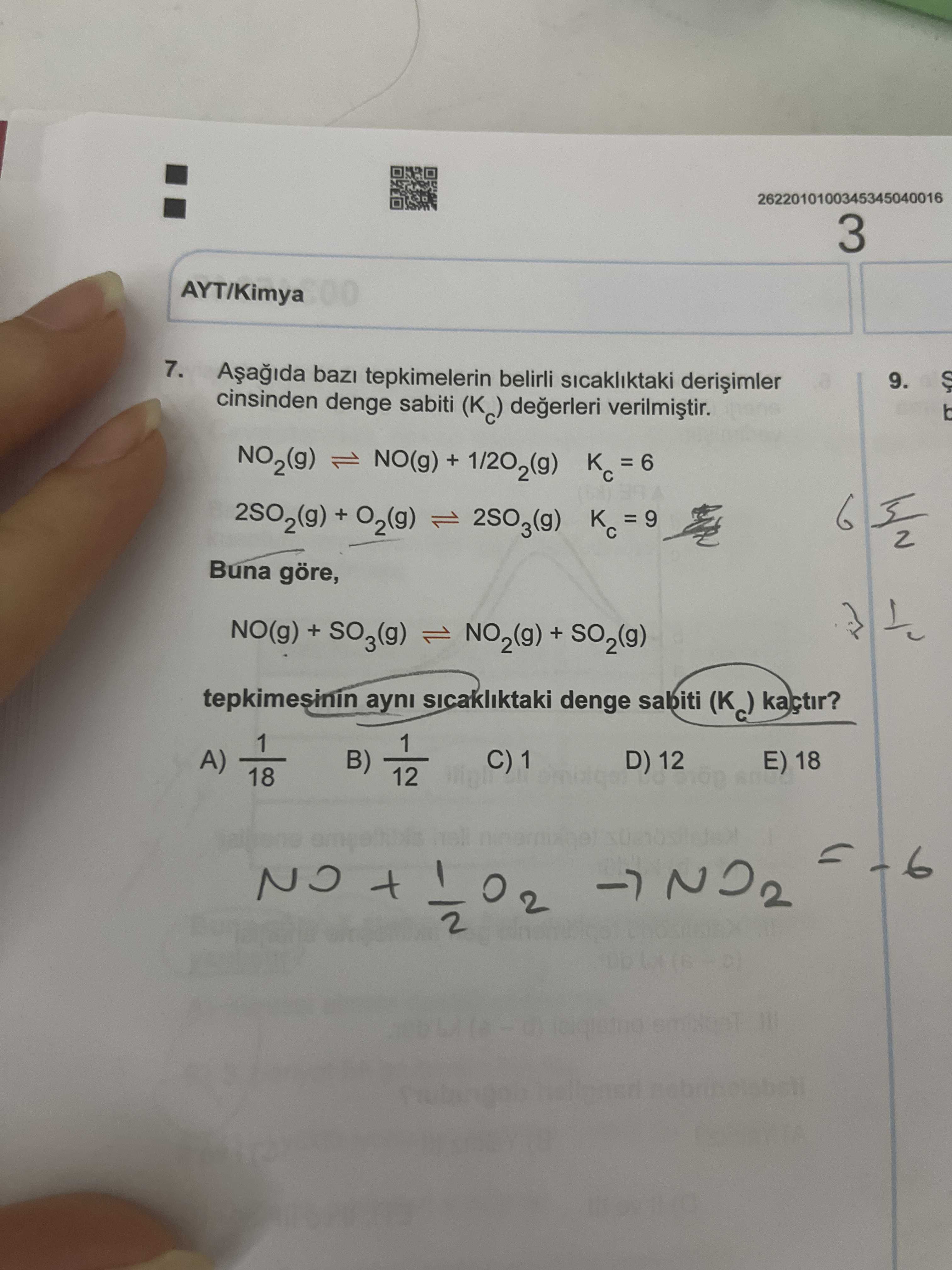 Aşağıda bazı tepkimelerin belirli sıcaklıktaki derişimler cinsinden denge sabiti (Kc) değerleri