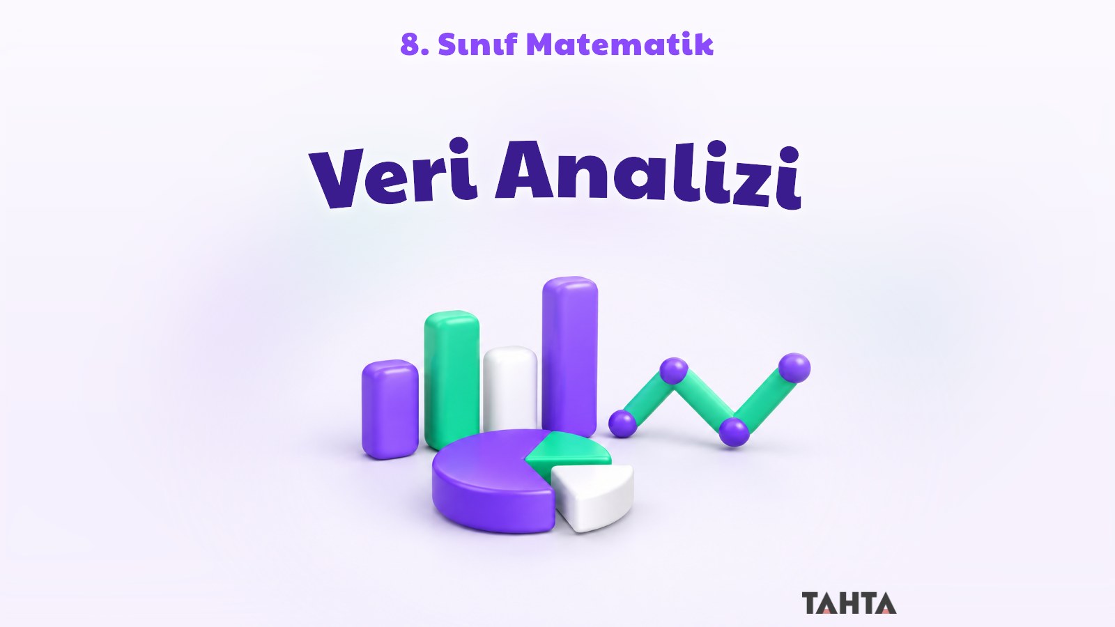 Mor ve yeşil tonlarda üç boyutlu sütun grafiği, daire grafiği ve çizgi grafiği modelleri