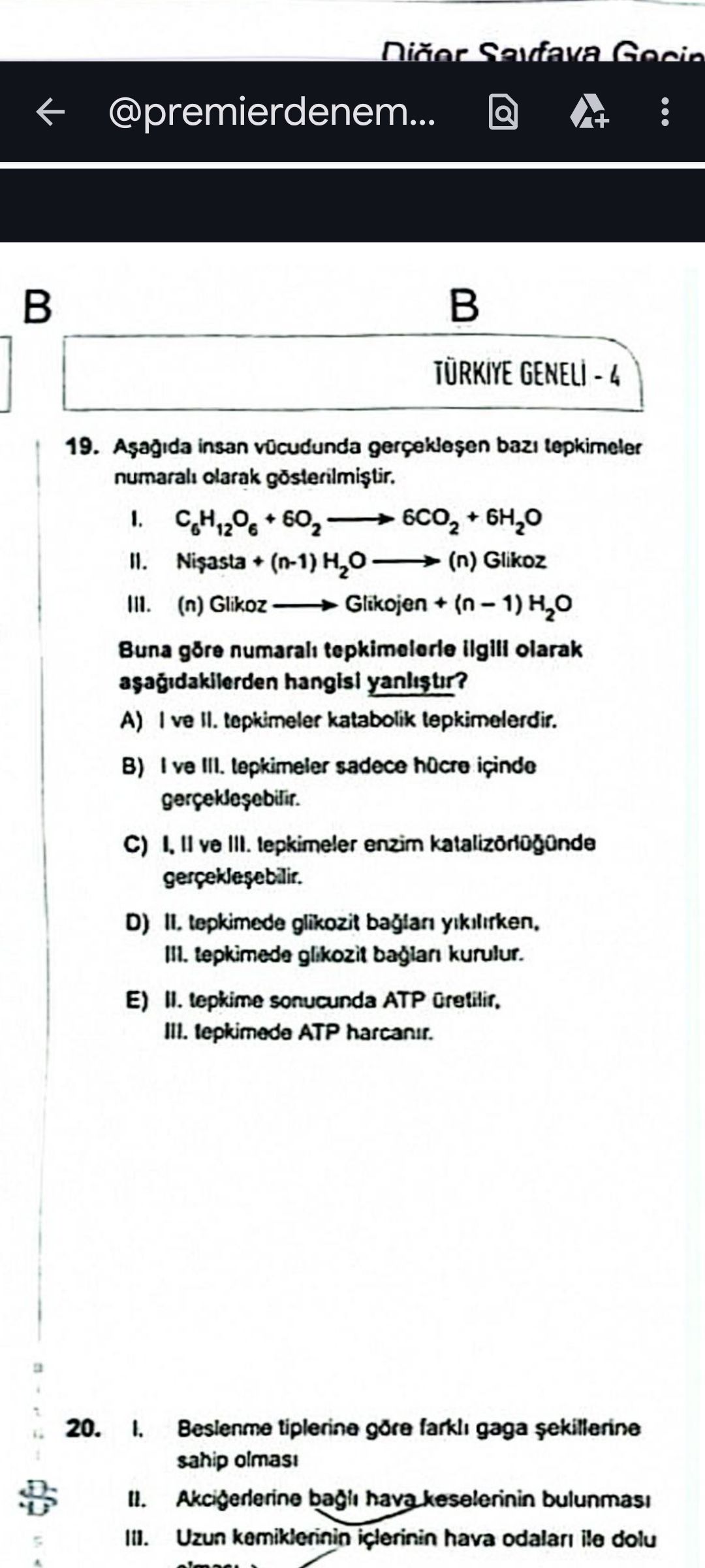 Aşağıda insan vücudunda gerçekleşen bazı tepkimeler numaralı olarak gösterilmiştir. I. C₆H₁₂O₆ + 6O₂