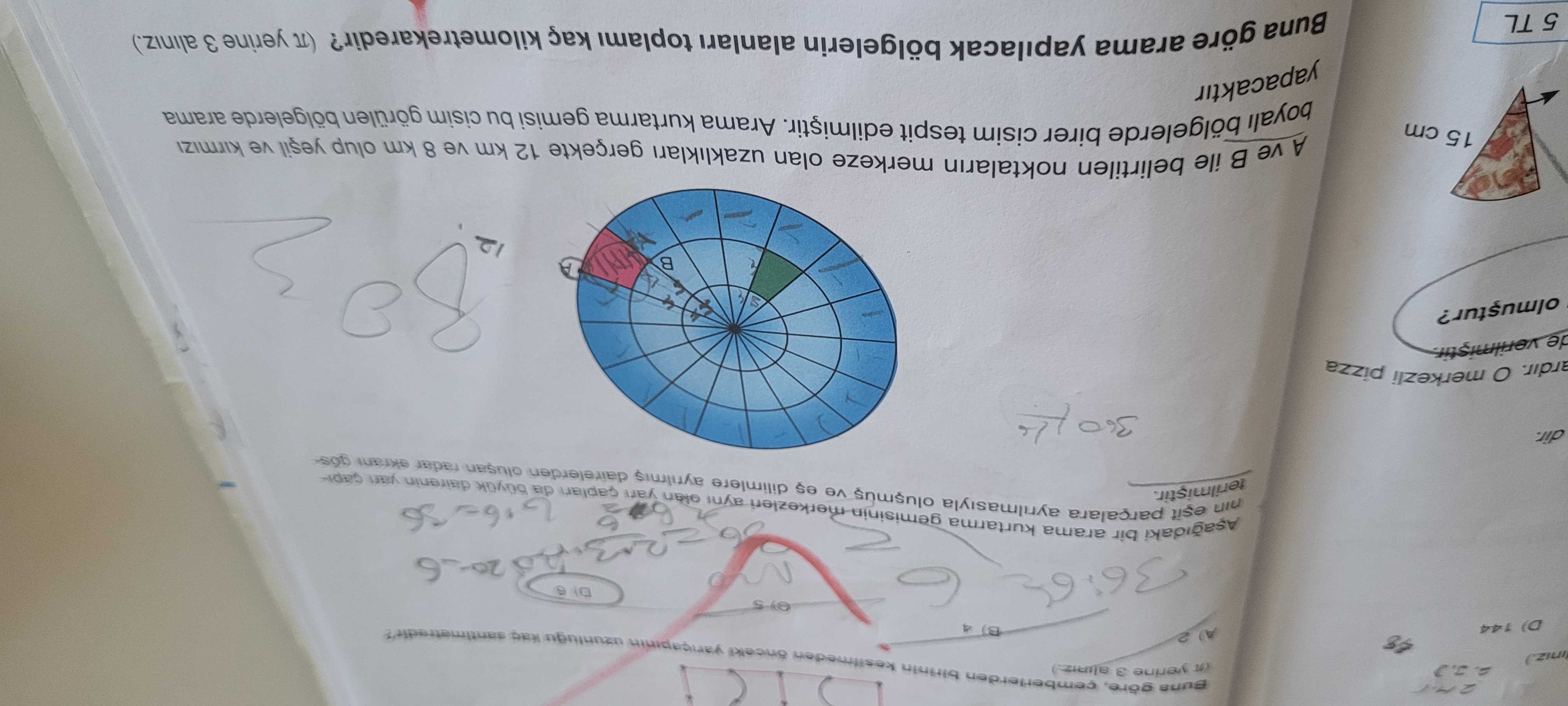 A ve B ile belirtilen noktaların merkeze olan uzaklıkları gerçekte 12 km ve 8 km olup yeşil ve