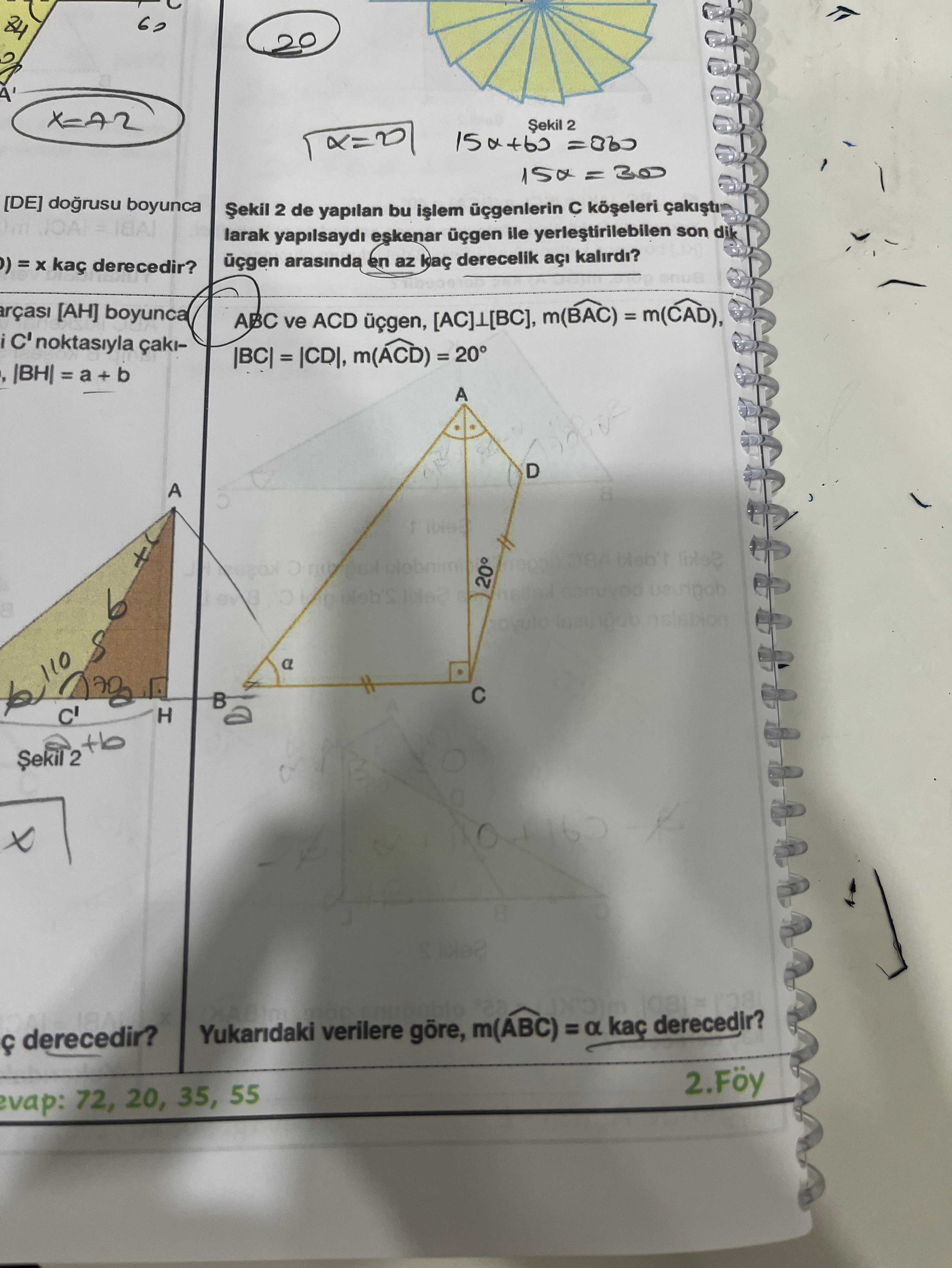 ⊥[BC] dik açısı C'de işaretli, m(ACD) = 20° açısı gösterilmiş, |BC| = |CD| eşitliği çift çizgiyle