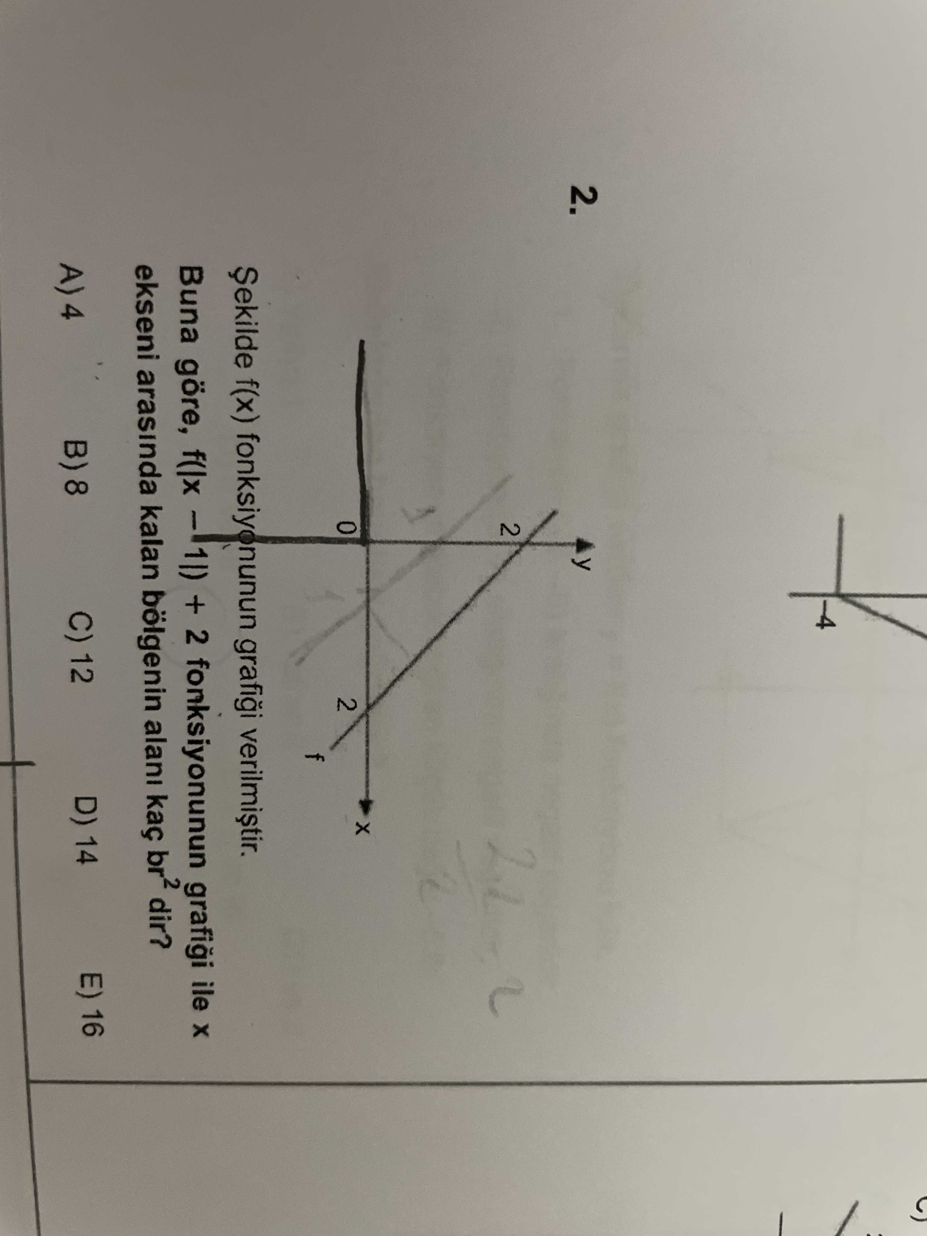 4 2. 2 f(x) Buna göre, + 2 fonksiyonunun ile ekseni arasinda kalan bölgenin alani kaç br2 dir. E) 16 D) 14 C) 12 A) 4 2. E) 16 D) 14 C) 12 A) 4. ?? Model.Question.title