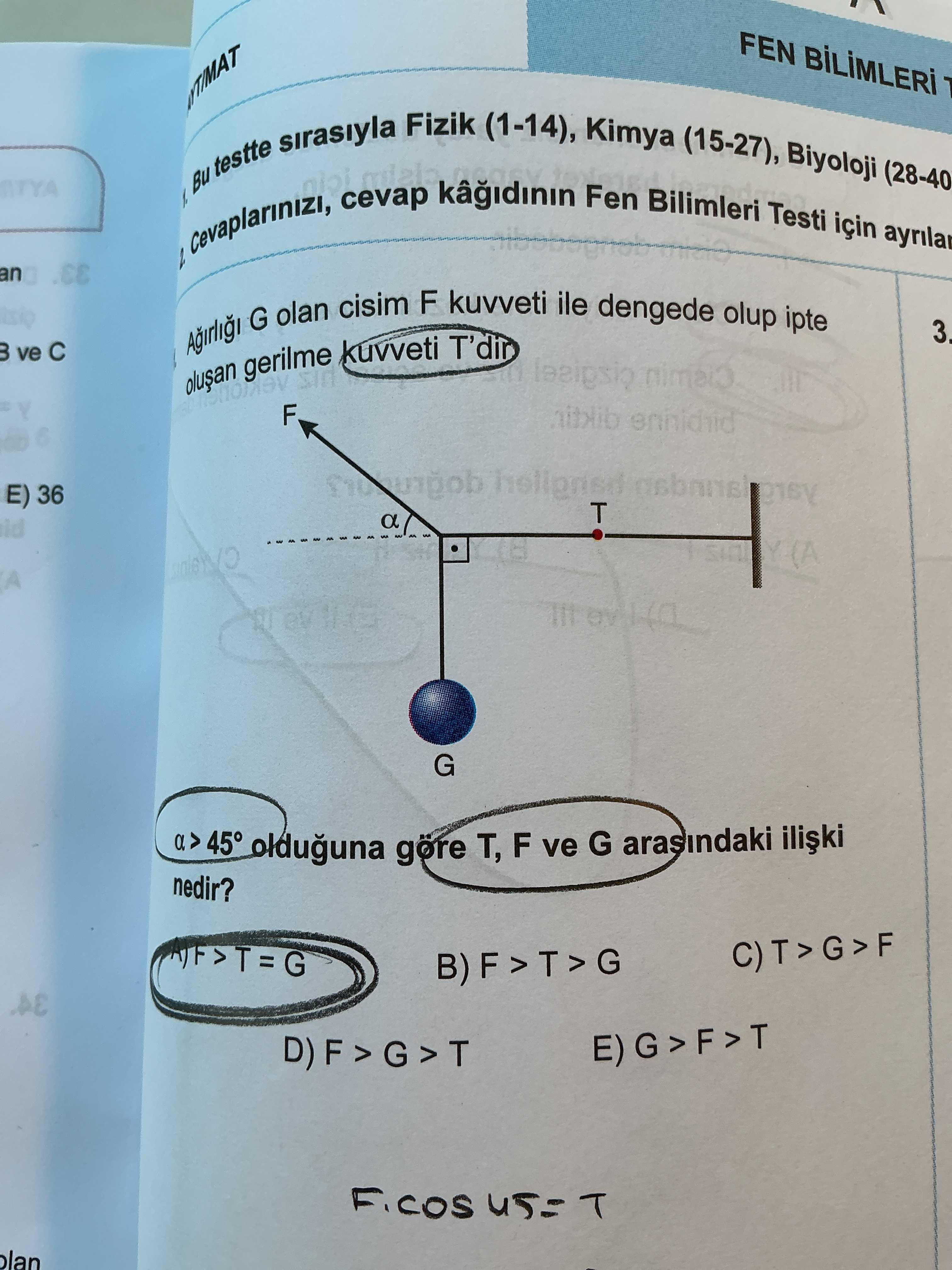 Ağırlığı G olan cisim F kuvveti ile dengede olup ipte oluşan gerilme kuvveti T'dir. α > 45° olduğuna