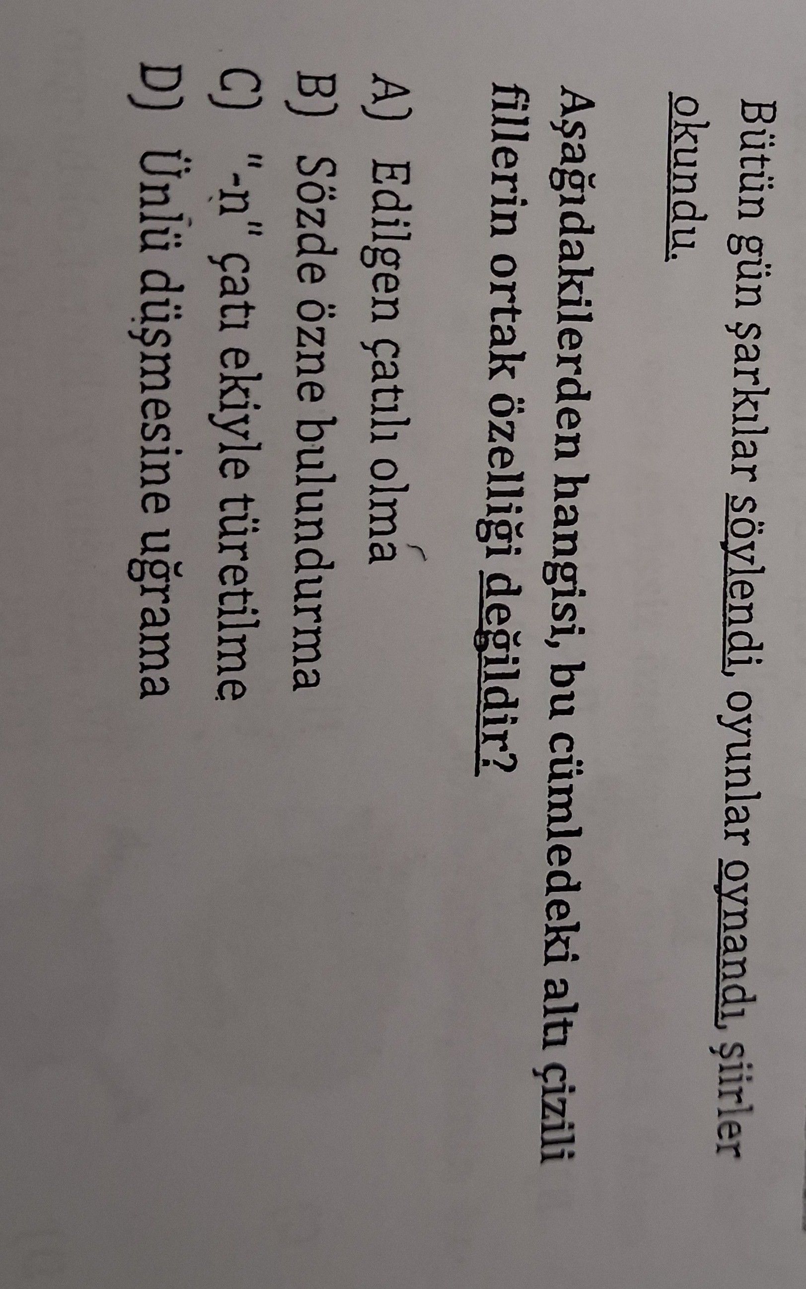 Bütün gün şarkılar söylendi, oynandı, şiirler okundu. Aşağıdakilerden hangisi, bu cümledeki altı