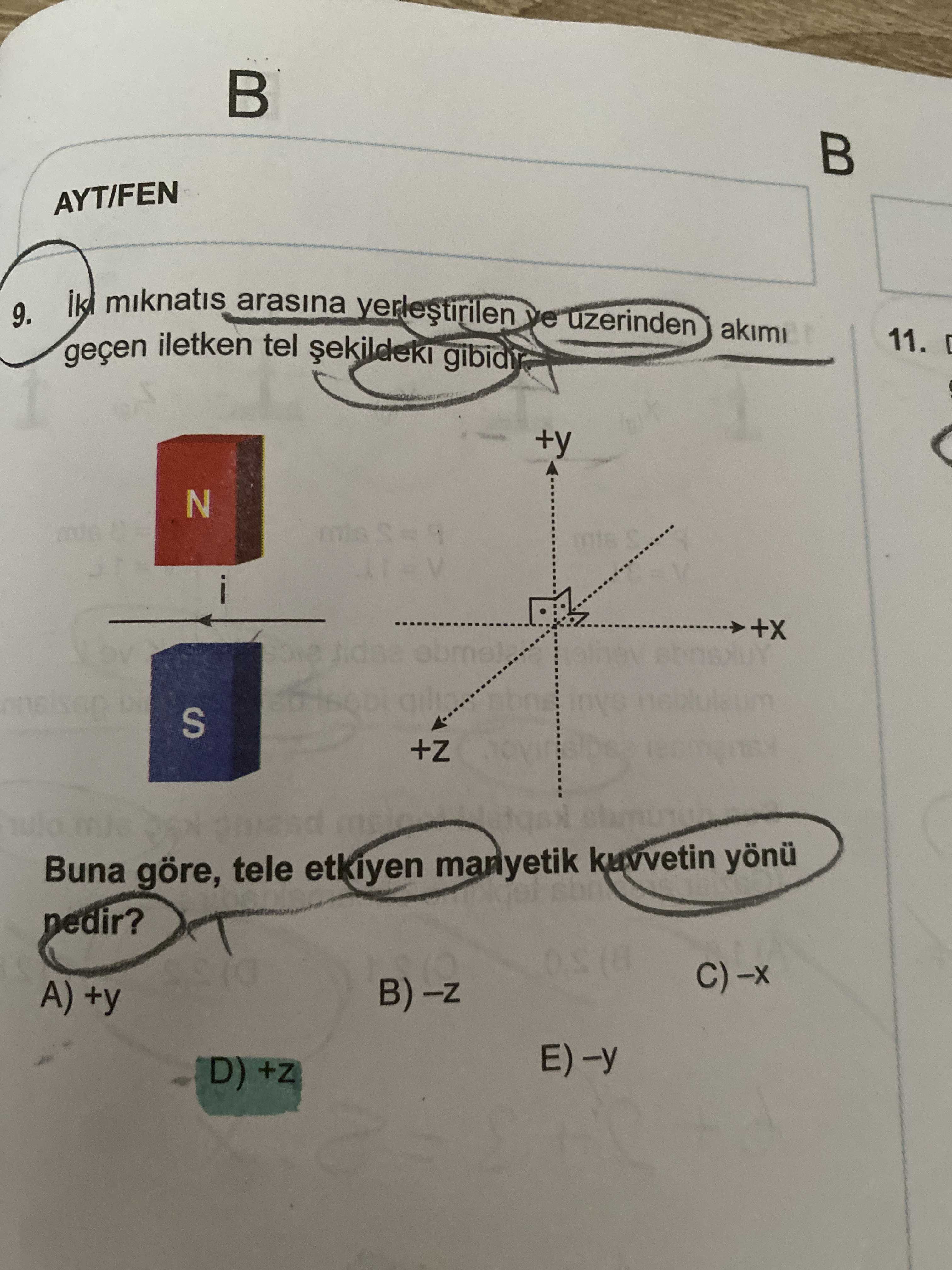 İki mıknatıs arasına yerleştirilen ve üzerinden akımı geçen iletken tel şekildeki gibidir. Buna