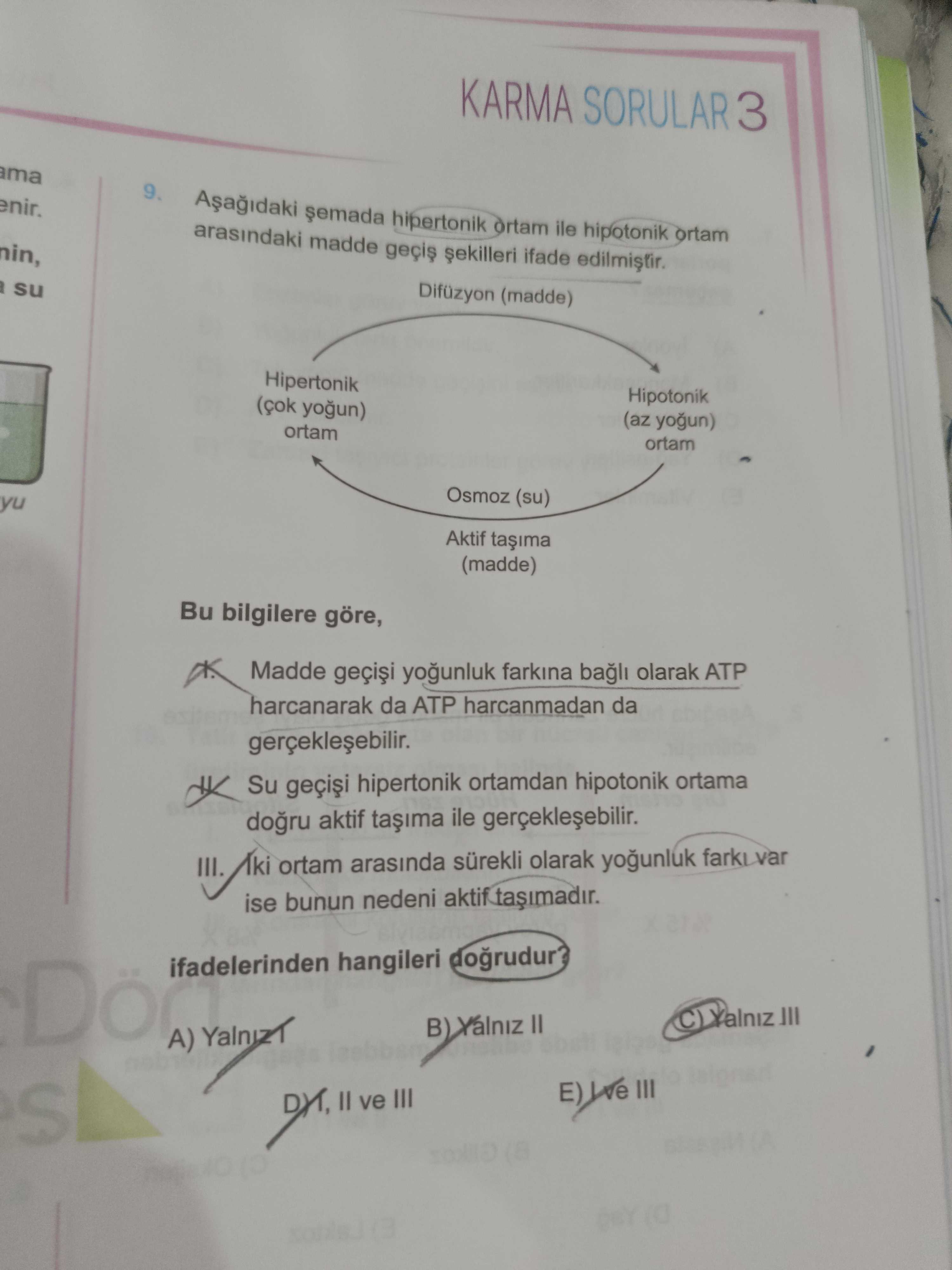 Aşağıdaki şemada hipertonik ortam ile hipotonik ortam arasındaki madde geçiş şekilleri ifade