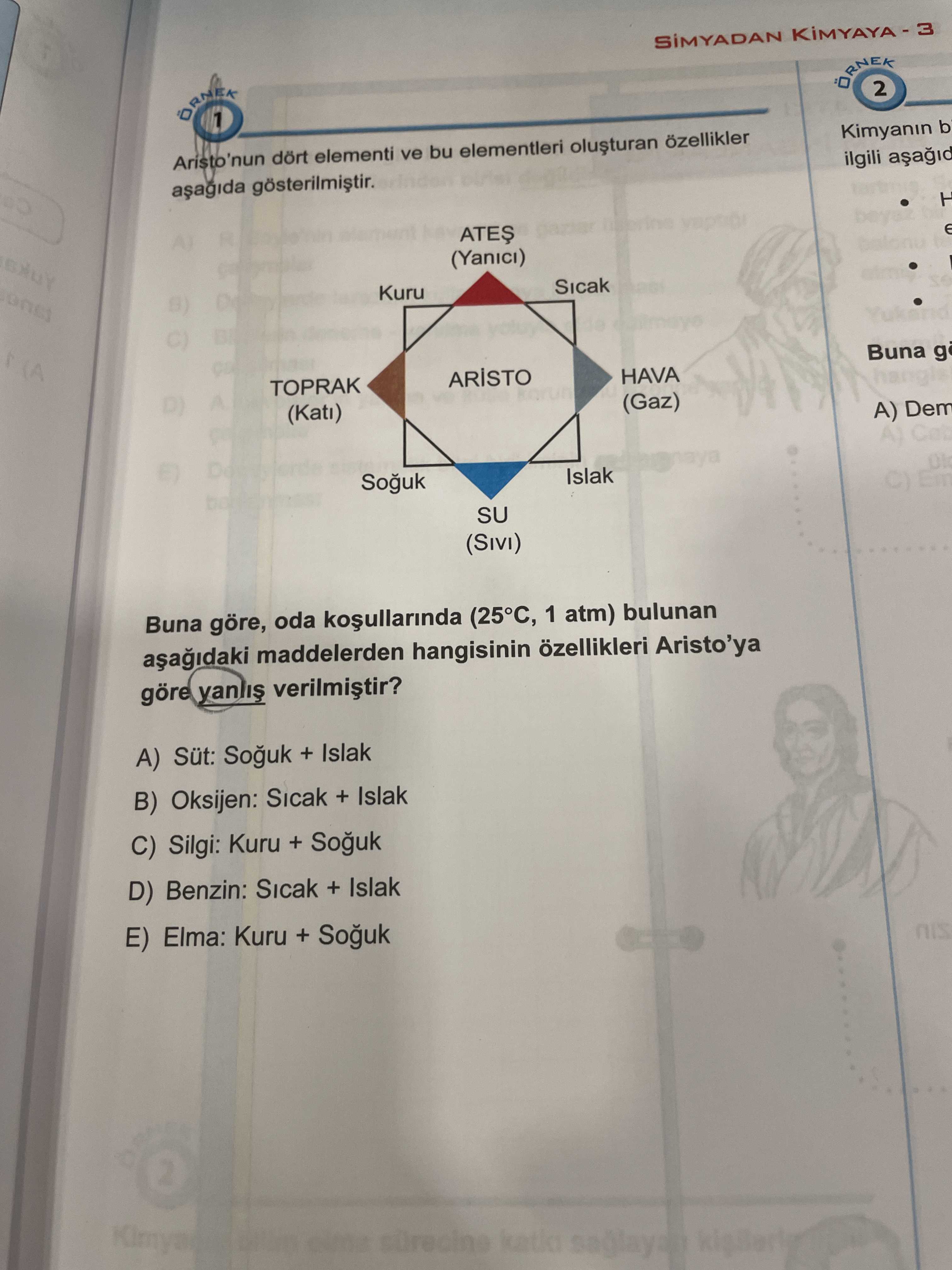 2 1 Kimyanin b Aristo'nun dört elementi ve bu elementleri ilgili (Yanici) Kuru Sicak C) (A Buna g TOPRAK HAVA (Gaz) A) Dem Islak SU (SIVI) Buna göre, oda 1 atm) bulunan maddelerden hangisinin Aristo'ya göre A) + Islak B) Oksijen: Sicak + Islak C) Silgi: Kuru + Souk D) Benzin: Sicak + Islak E) Elma: Kuru + Souk saglay 2 1 Kimyanin b Aristo'nun dört elementi ve bu elementleri ilgili (Yanici) Kuru Sicak C) (A Buna g TOPRAK HAVA (Gaz) A) Dem Islak SU (SIVI) Buna göre, oda 1 atm) bulunan maddelerden hangisinin Aristo'ya göre A) + Islak B) Oksijen: Sicak + Islak C) Silgi: Kuru + Souk D) Benzin: Sicak + Islak E) Elma: Kuru + Souk saglay. ?? Model.Question.title