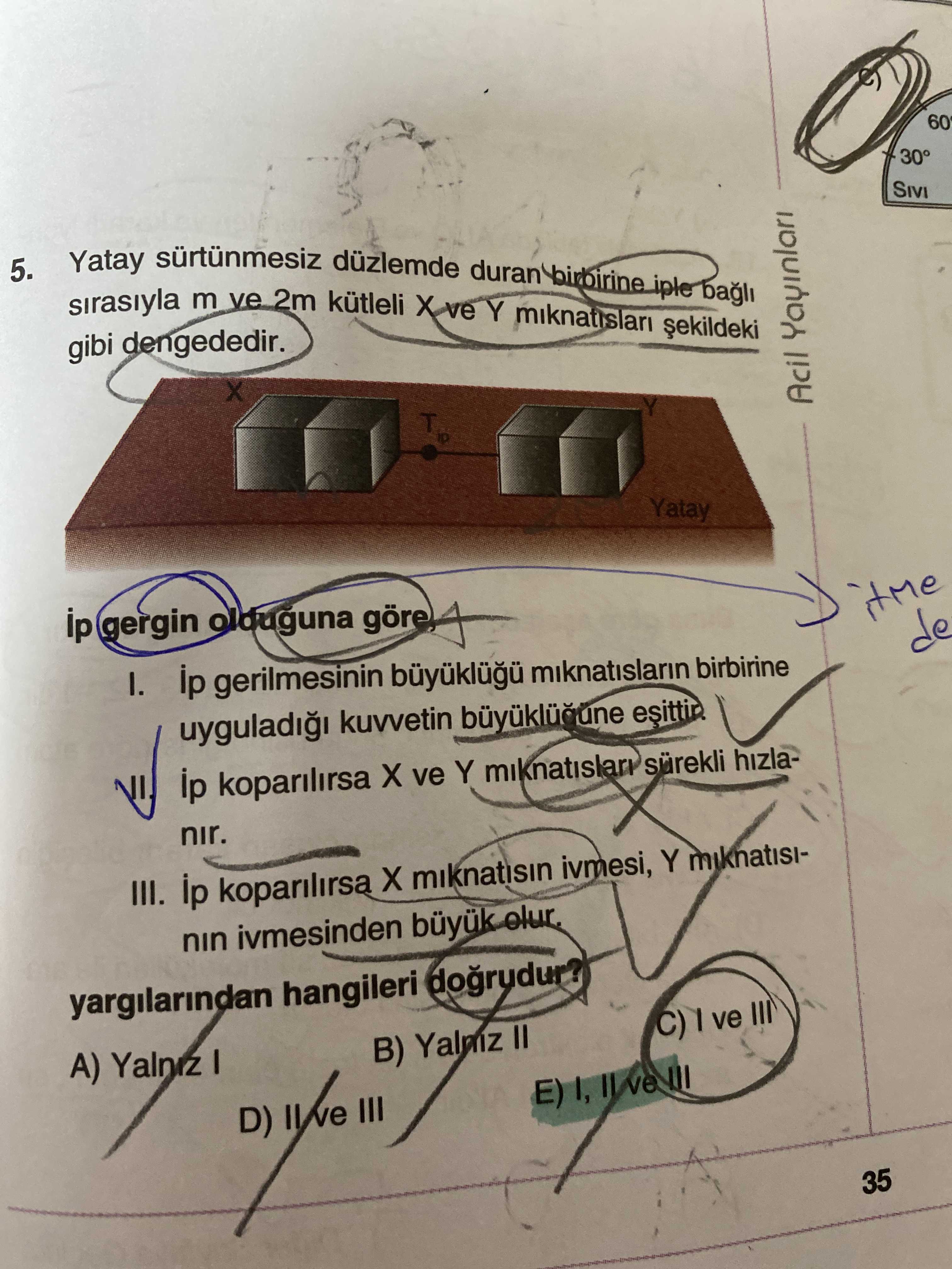 Yatay sürtünmesiz düzlemde duran birbirine iple bağlı sırasıyla m ve 2m kütleli X ve Y mıknatısları