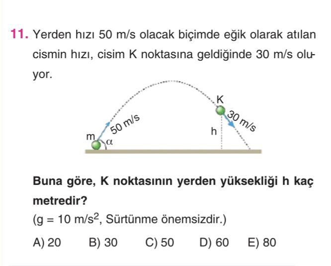 Yerden hızı 50 m/s olacak biçimde eğik olarak atılan cismin hızı, cisim K noktasına geldiğinde 30