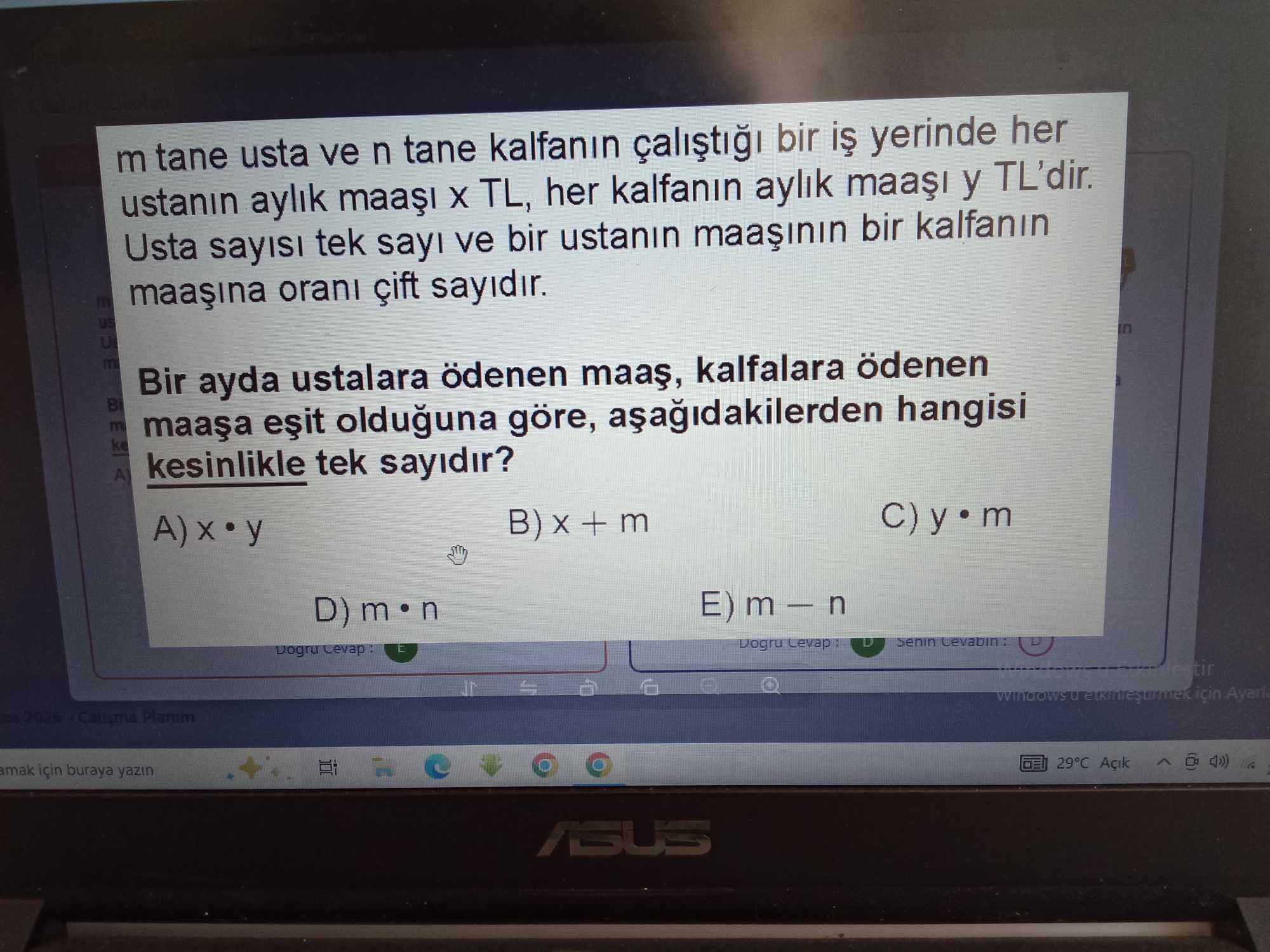 m tane usta ve n tane kalfanın çalıştığı bir iş yerinde her ustanın aylık maaşı x TL, her kalfanın