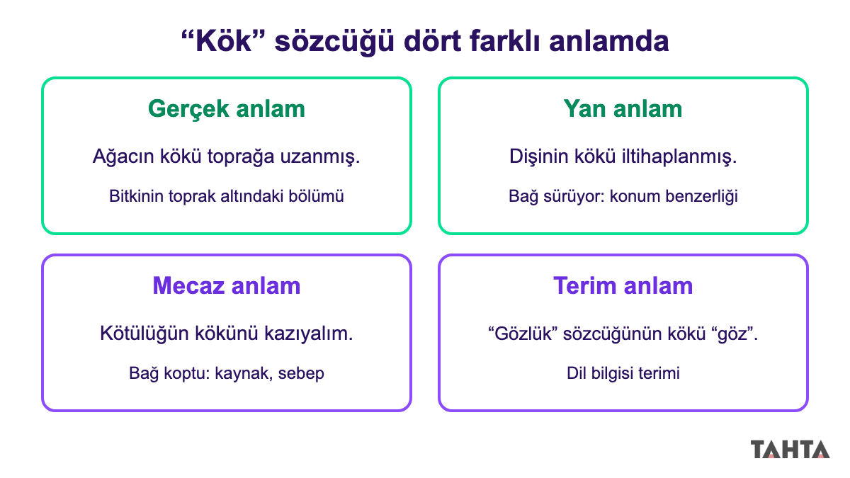 Kök sözcüğünün gerçek, yan, mecaz ve terim anlamda kullanıldığı dört örnek cümle