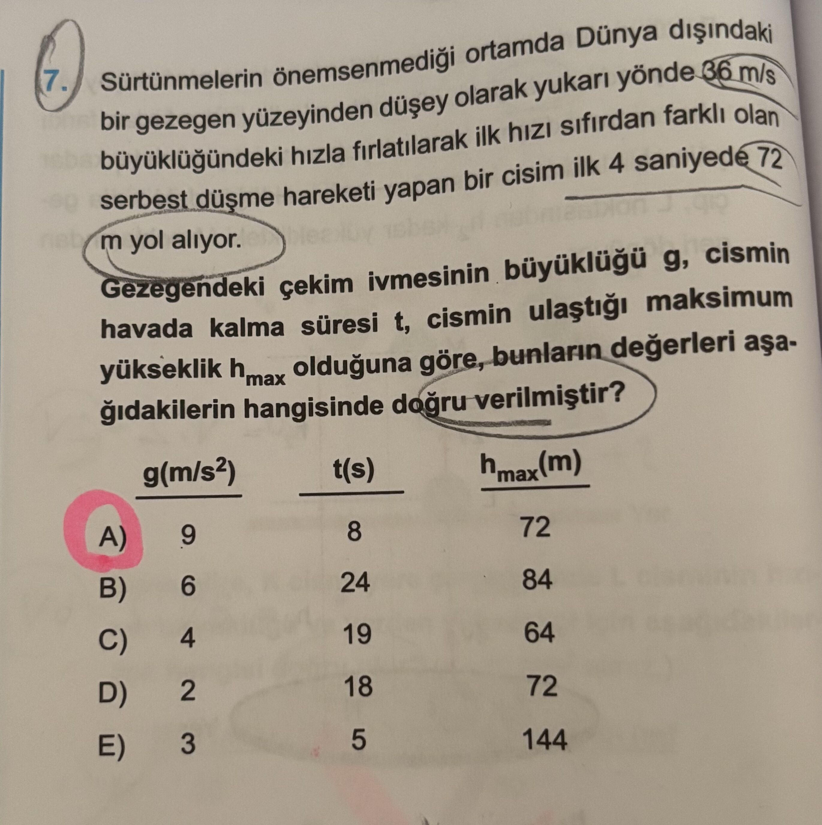 Sürtünmelerin önemsenmediği ortamda Dünya dışındaki bir gezegen yüzeyinden düşey olarak yukarı yönde