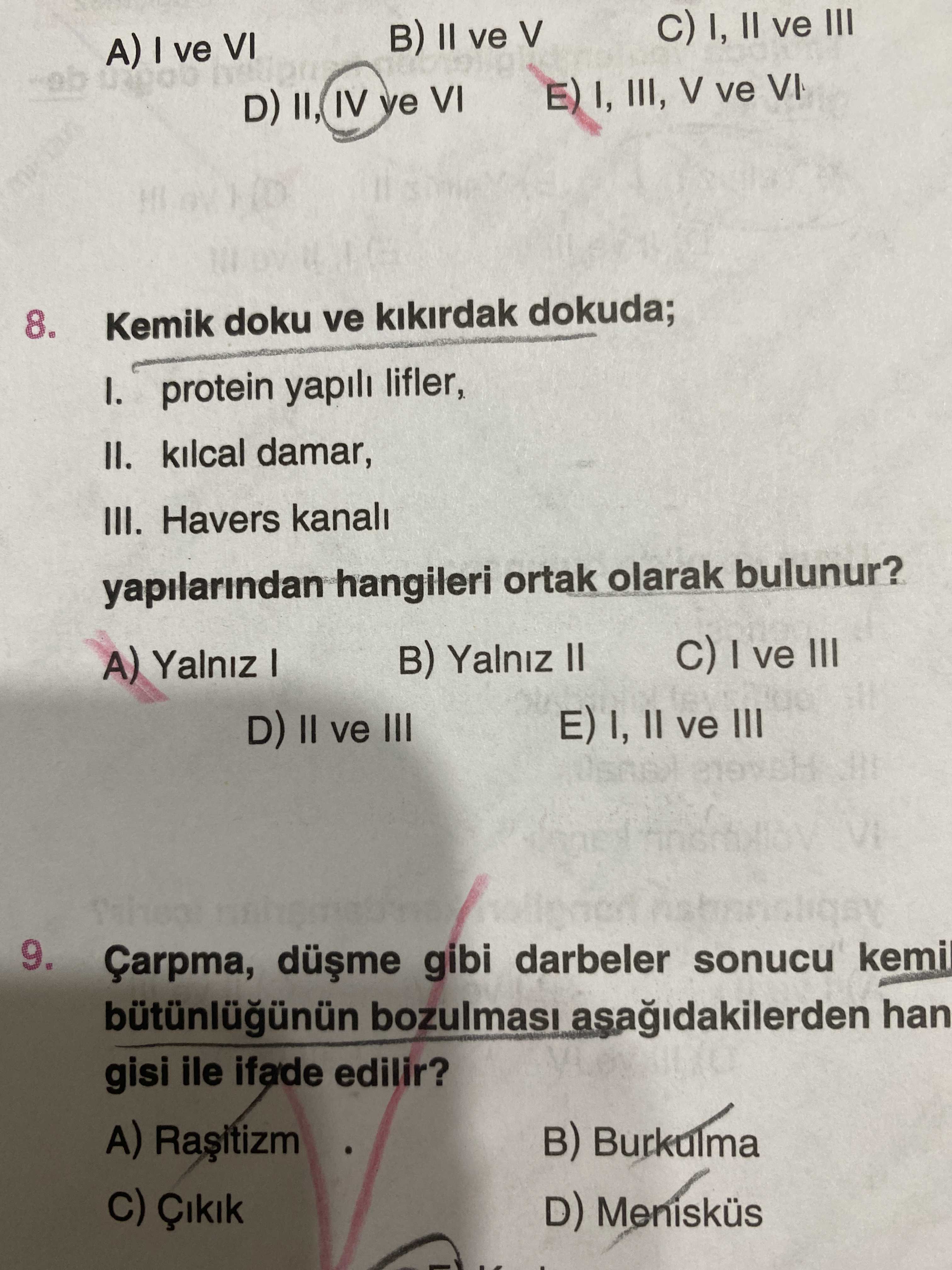 Kemik doku ve kıkırdak dokuda; I. protein yapılı lifler, II. kılcal damar, III. Havers kanalı