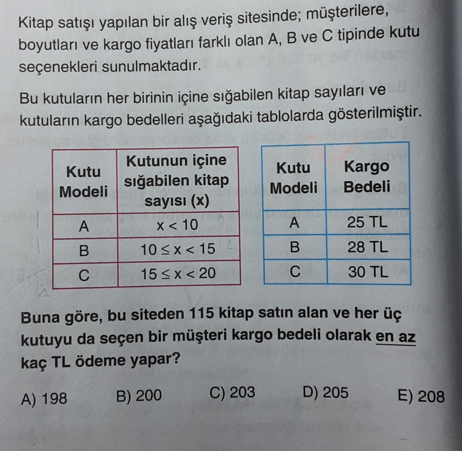 Kitap satışı yapılan bir alış veriş sitesinde; müşterilere, boyutları ve kargo fiyatları farklı olan