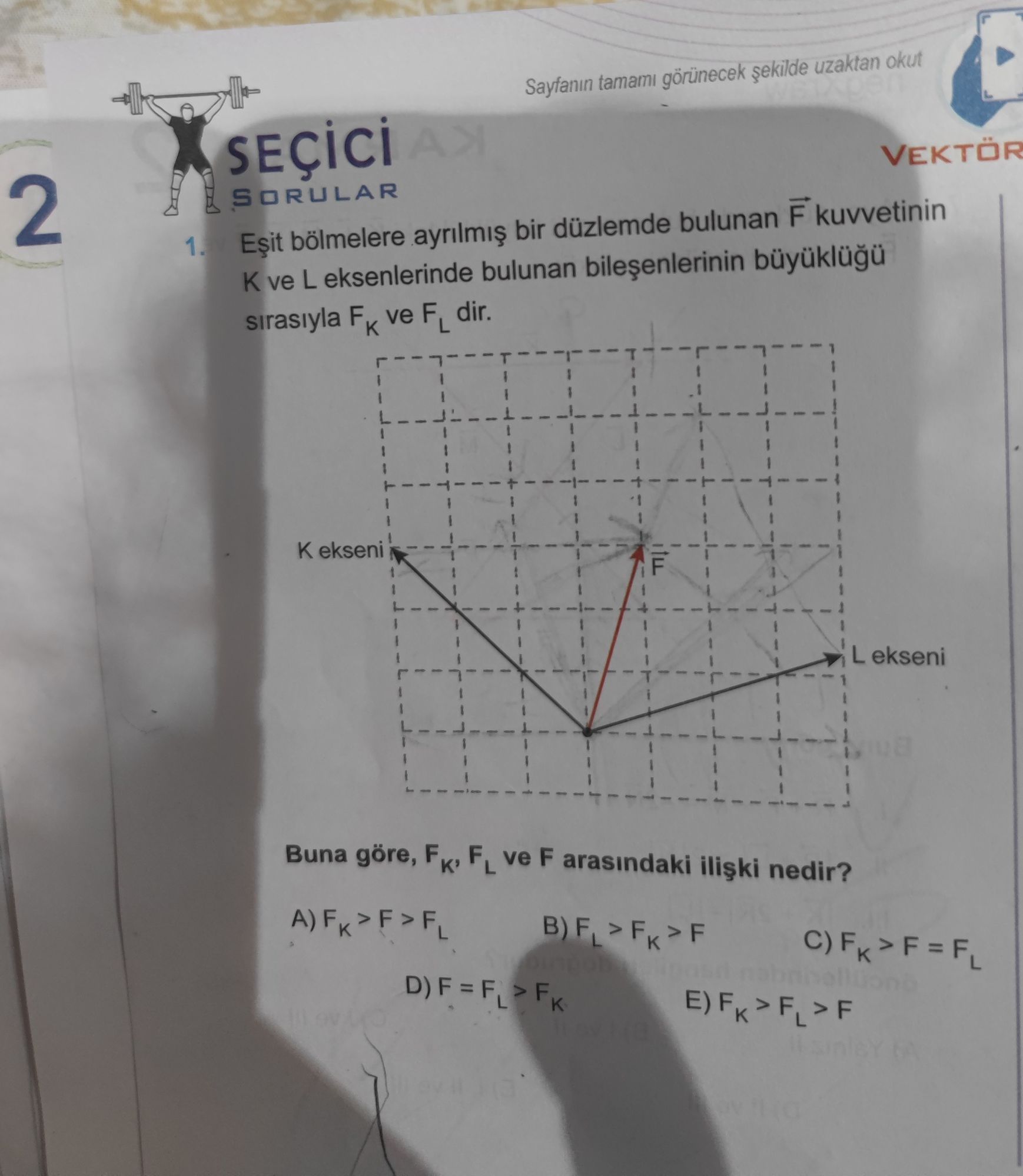 Eşit bölmelere ayrılmış bir düzlemde bulunan F̄ kuvvetinin K ve L eksenlerinde bulunan