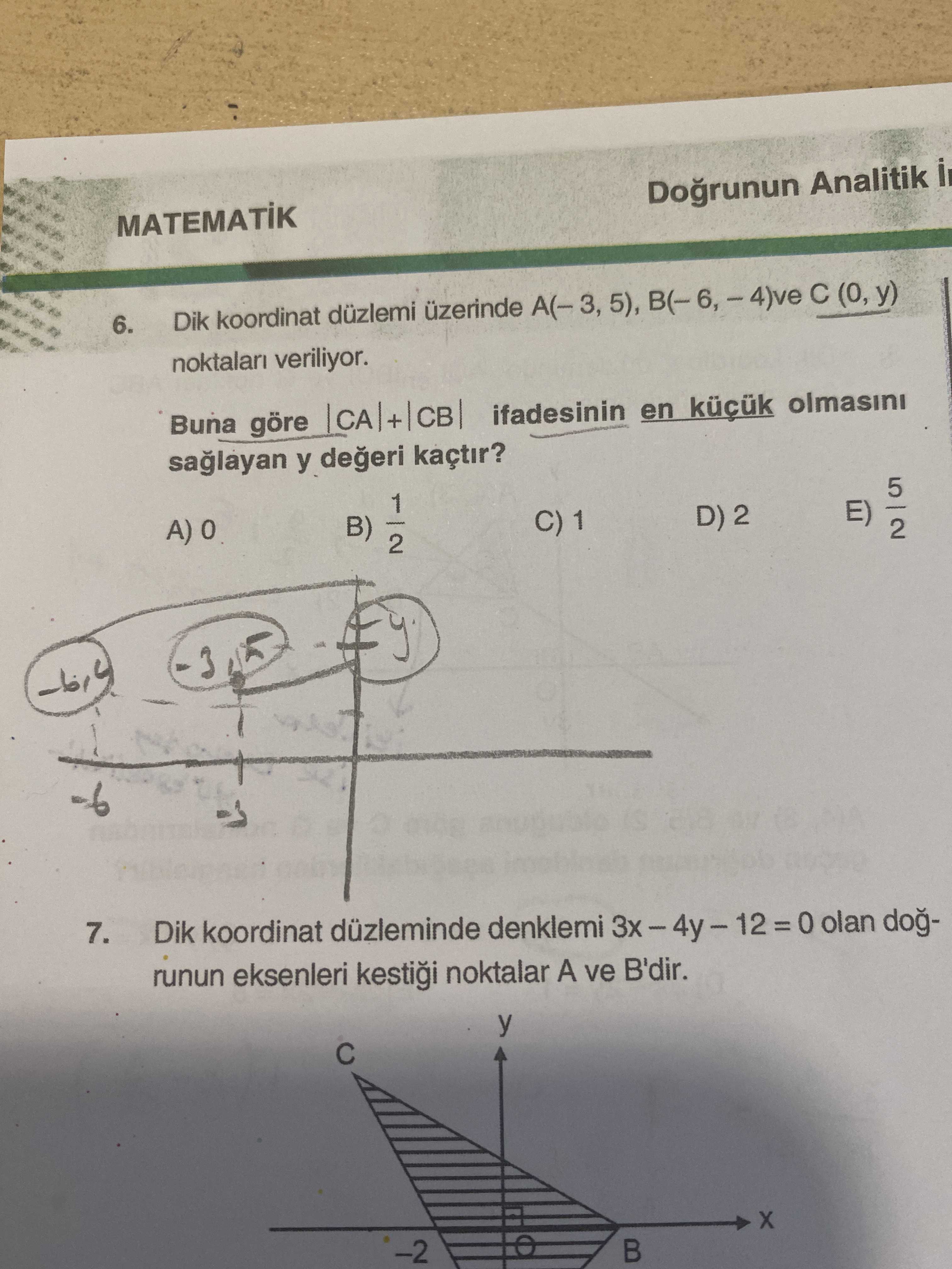 Dik koordinat düzlemi üzerinde A(– 3, 5), B(– 6, – 4) ve C (0, y) noktaları veriliyor. Buna göre