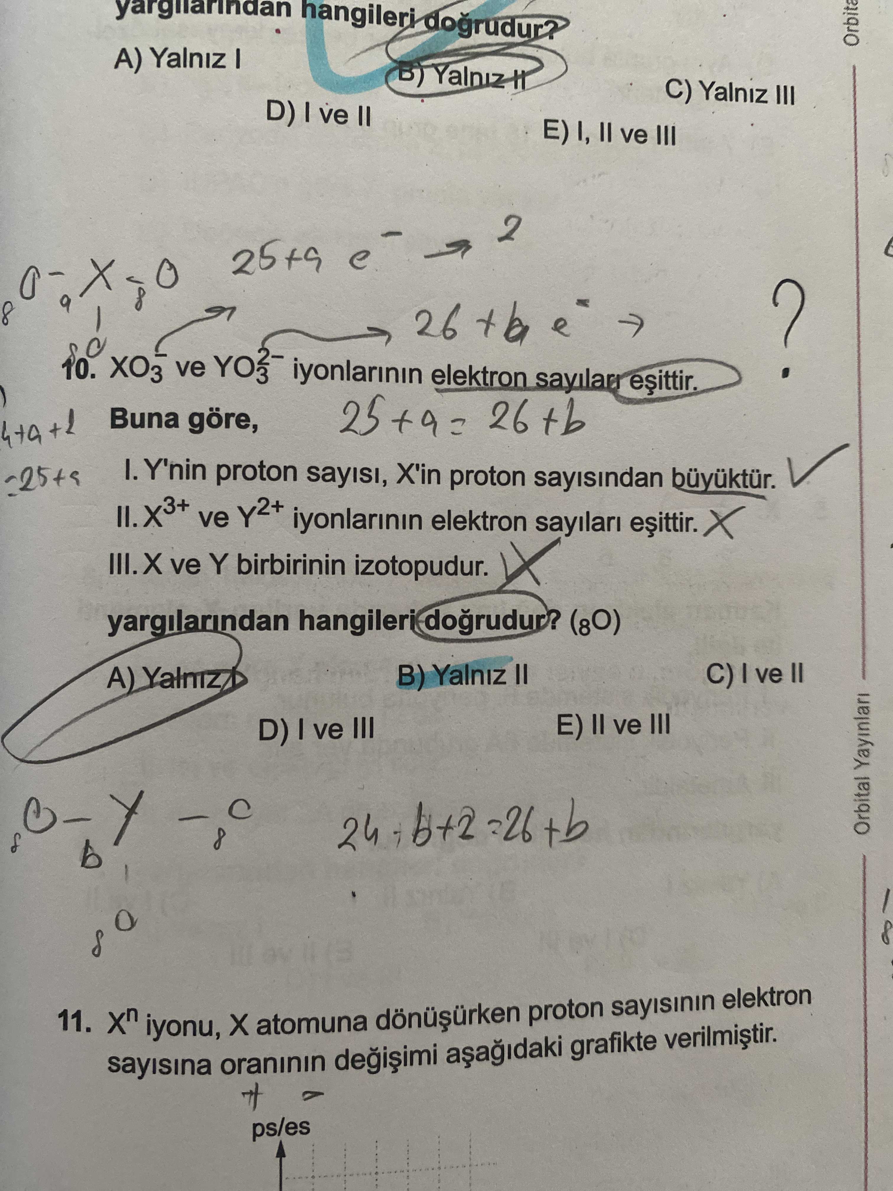 XO₃ ve YO₃²⁻ iyonlarının elektron sayıları eşittir. Buna göre, I. Y'nin proton sayısı, X'in proton