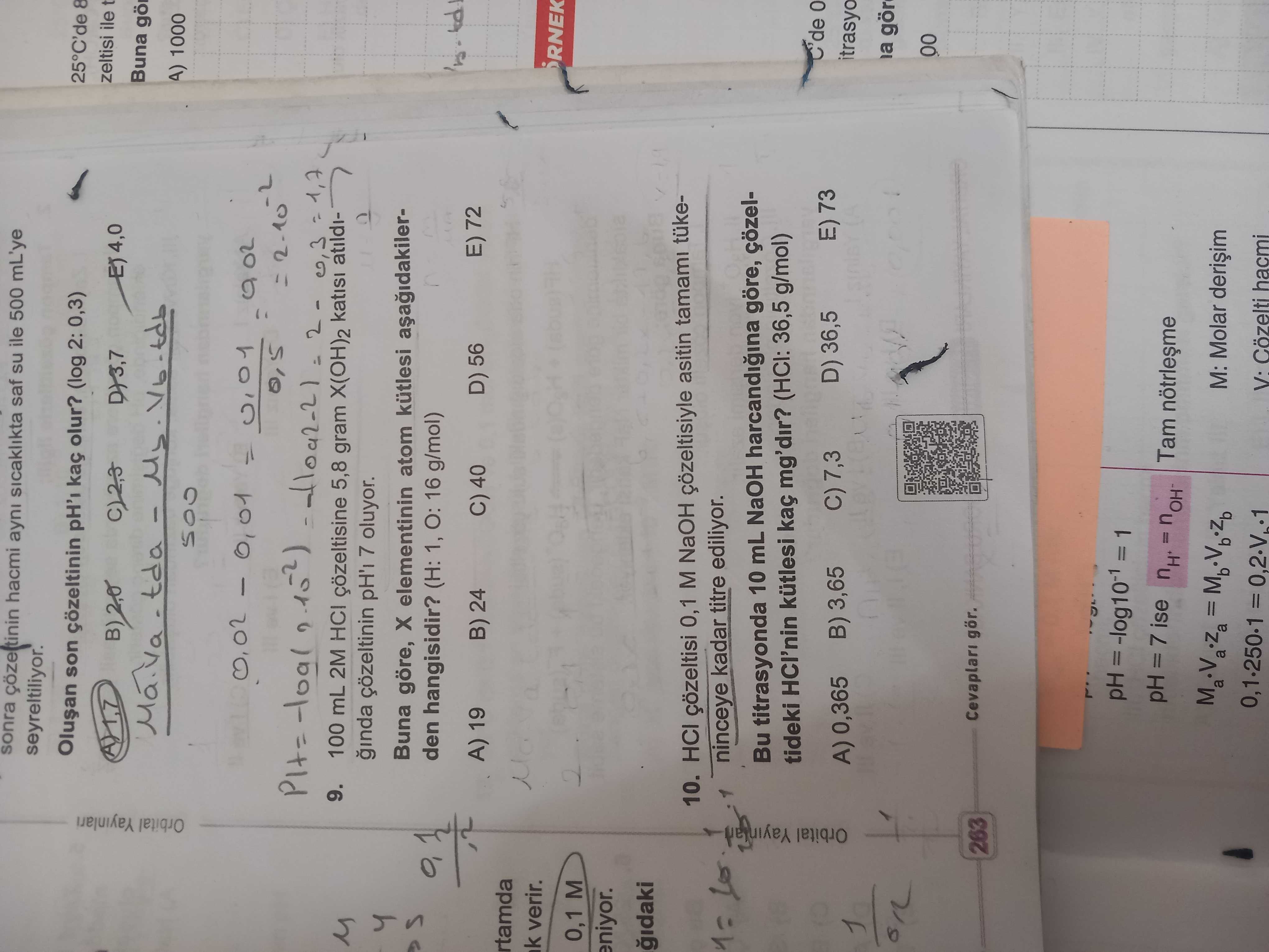 100 mL 2M HCl çözeltisine 5,8 gram X(OH)₂ katısı atıldığında çözeltinin pH'ı 7 oluyor. Buna göre, X