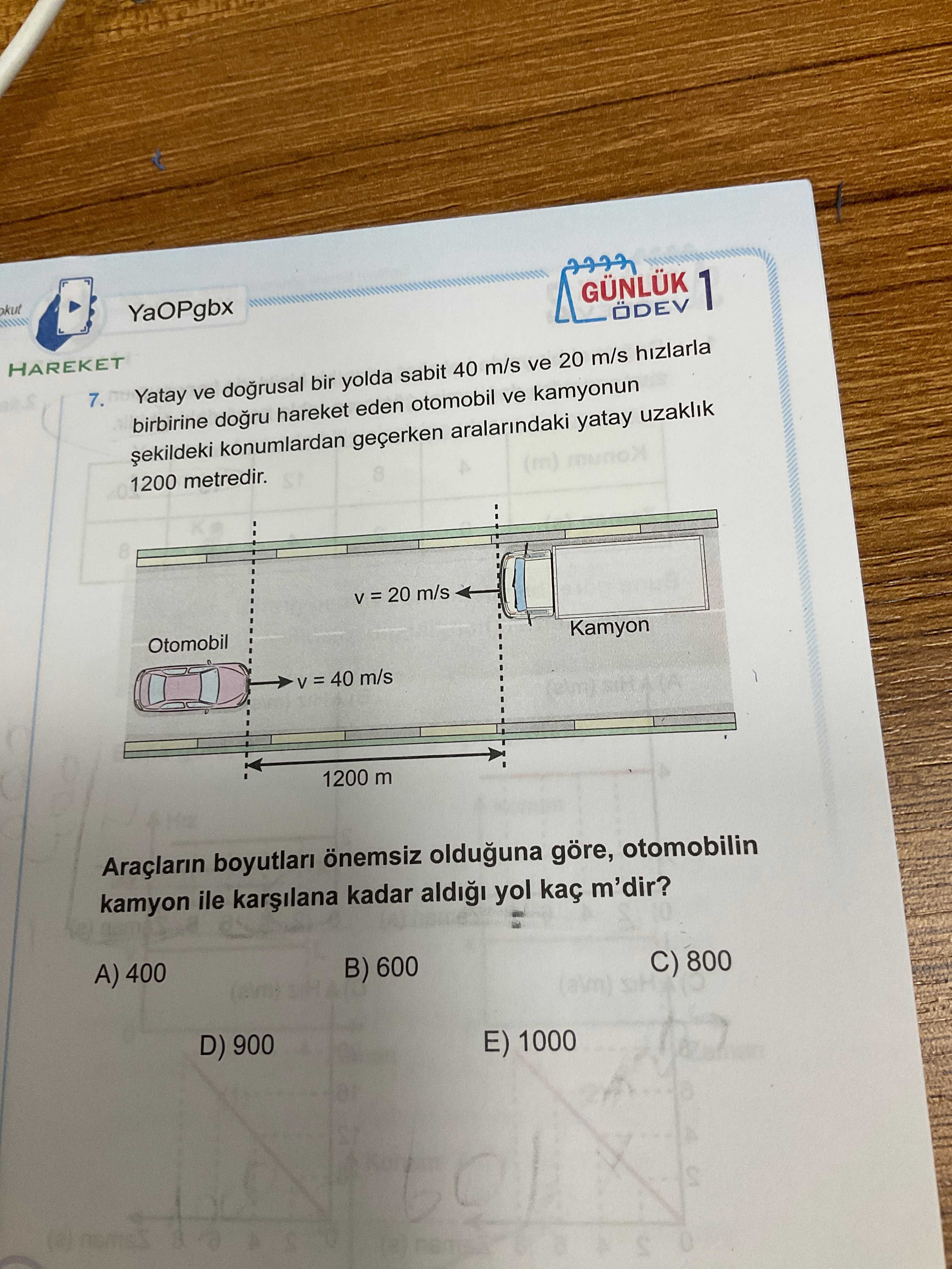 Yatay ve doğrusal bir yolda sabit 40 m/s ve 20 m/s hızlarla birbirine doğru hareket eden otomobil ve