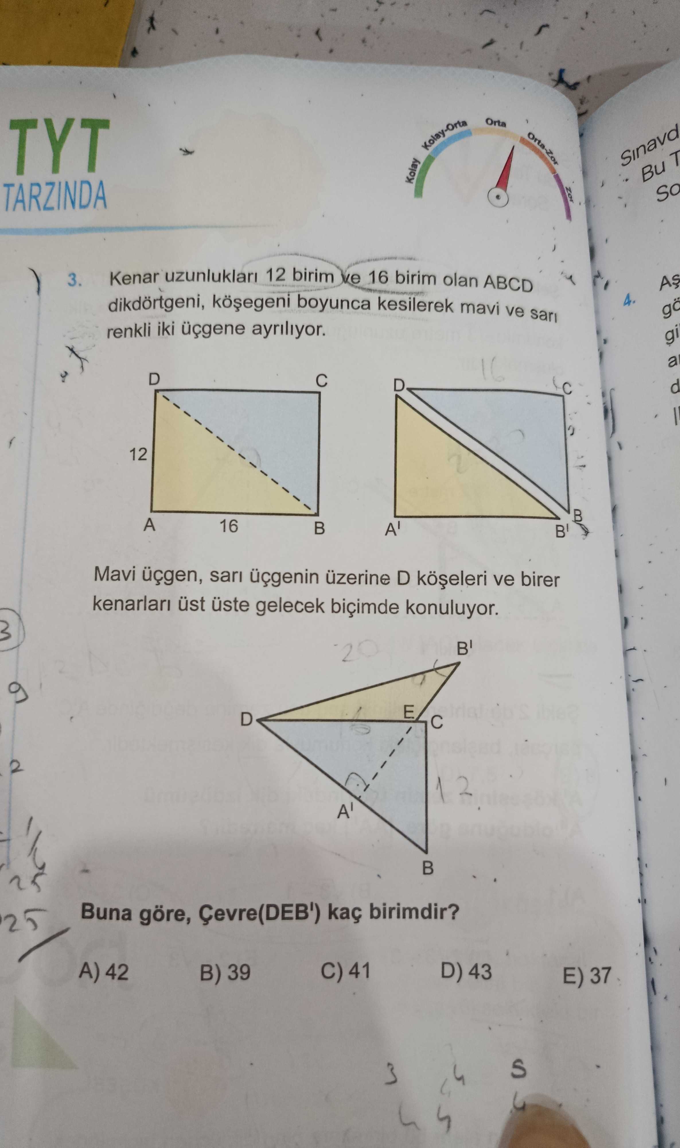 Kenar uzunlukları 12 birim ve 16 birim olan ABCD dikdörtgeni, köşegeni boyunca kesilerek mavi ve