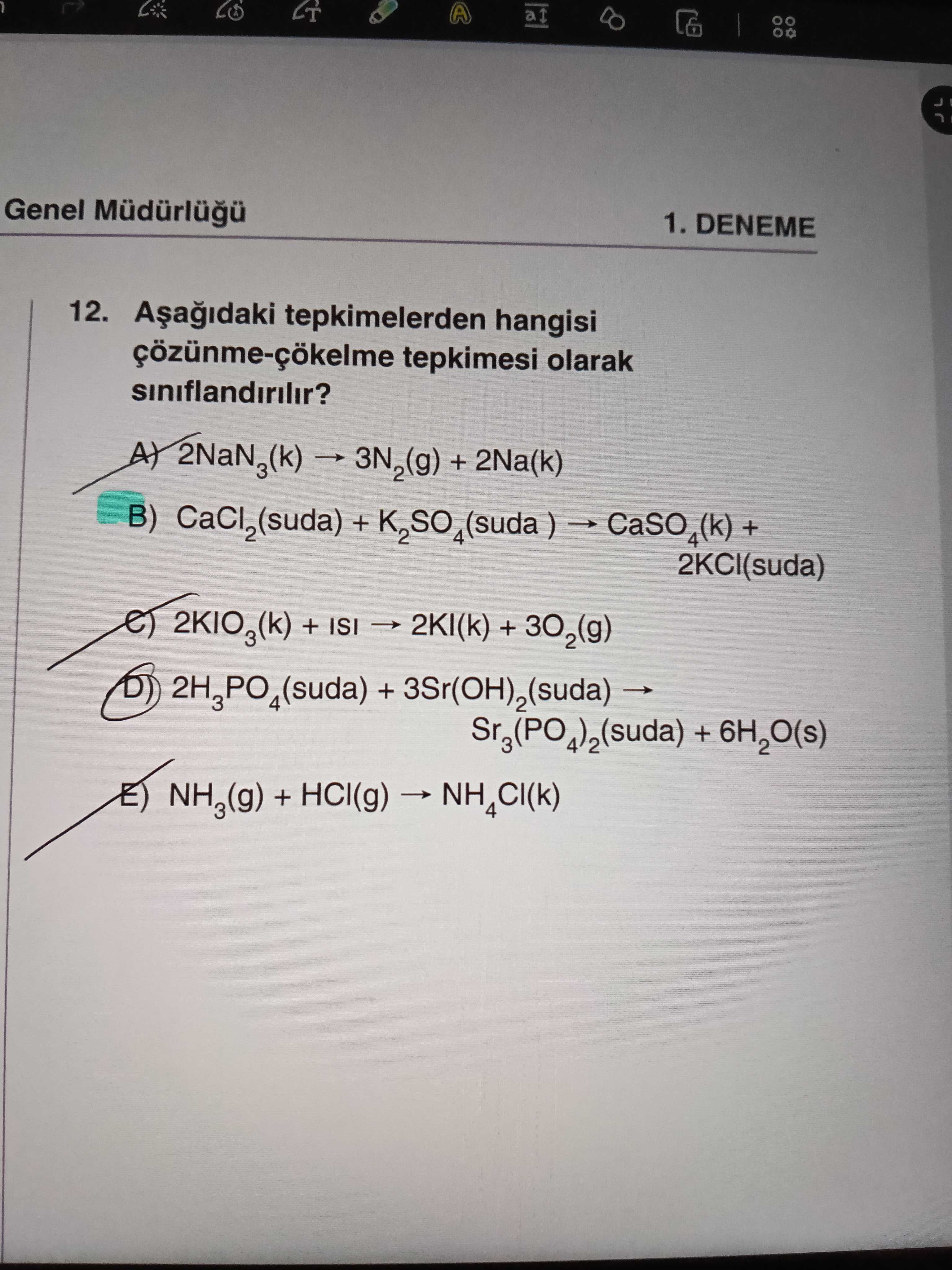 Aşağıdaki tepkimelerden hangisi çözünme-çökelme tepkimesi olarak sınıflandırılır?