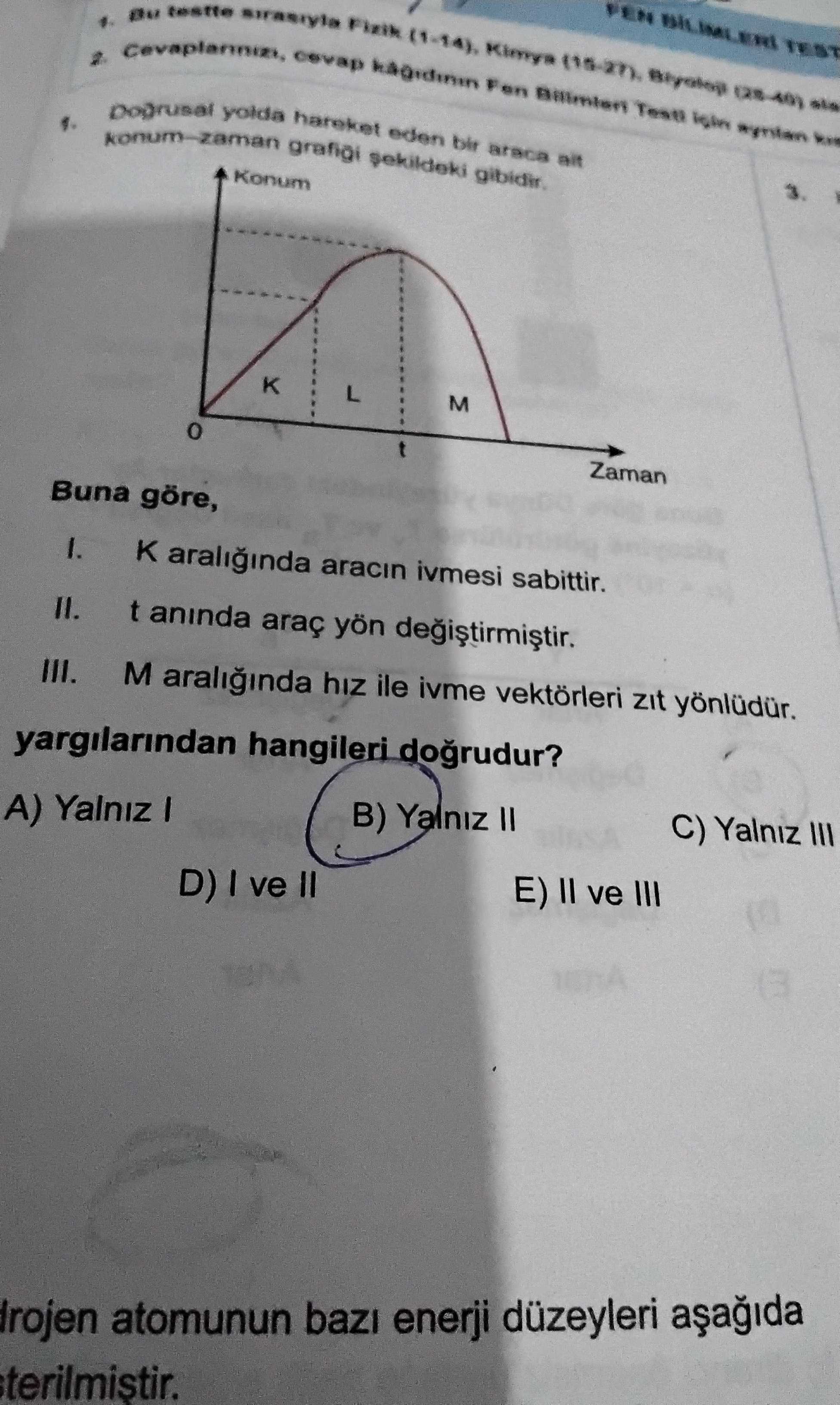 Doğrusal yolda hareket eden bir araca ait konum–zaman grafiği şekildeki gibidir. Buna göre, I. K