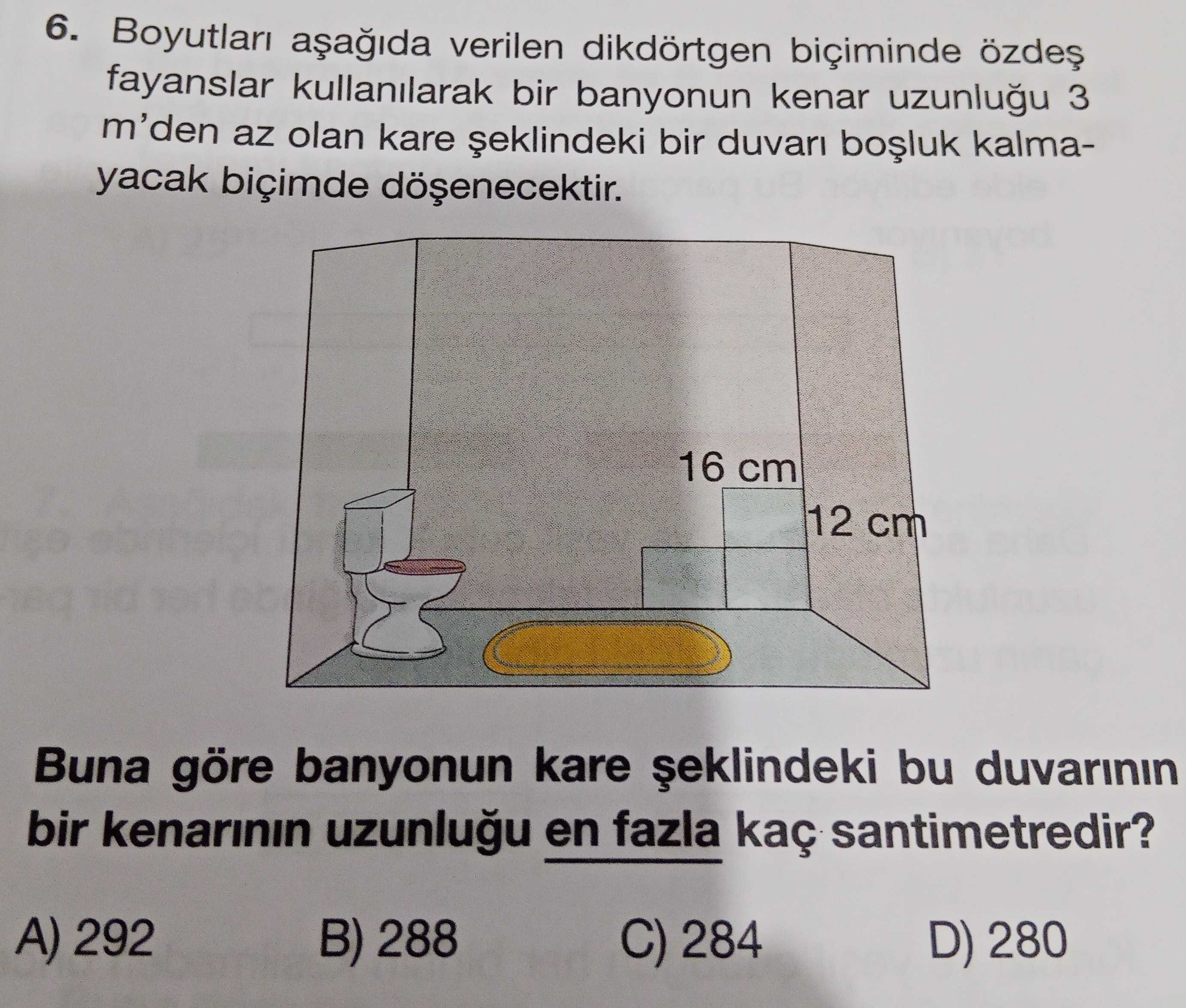 Boyutları aşağıda verilen dikdörtgen biçiminde özdeş fayanslar kullanılarak bir banyonun kenar