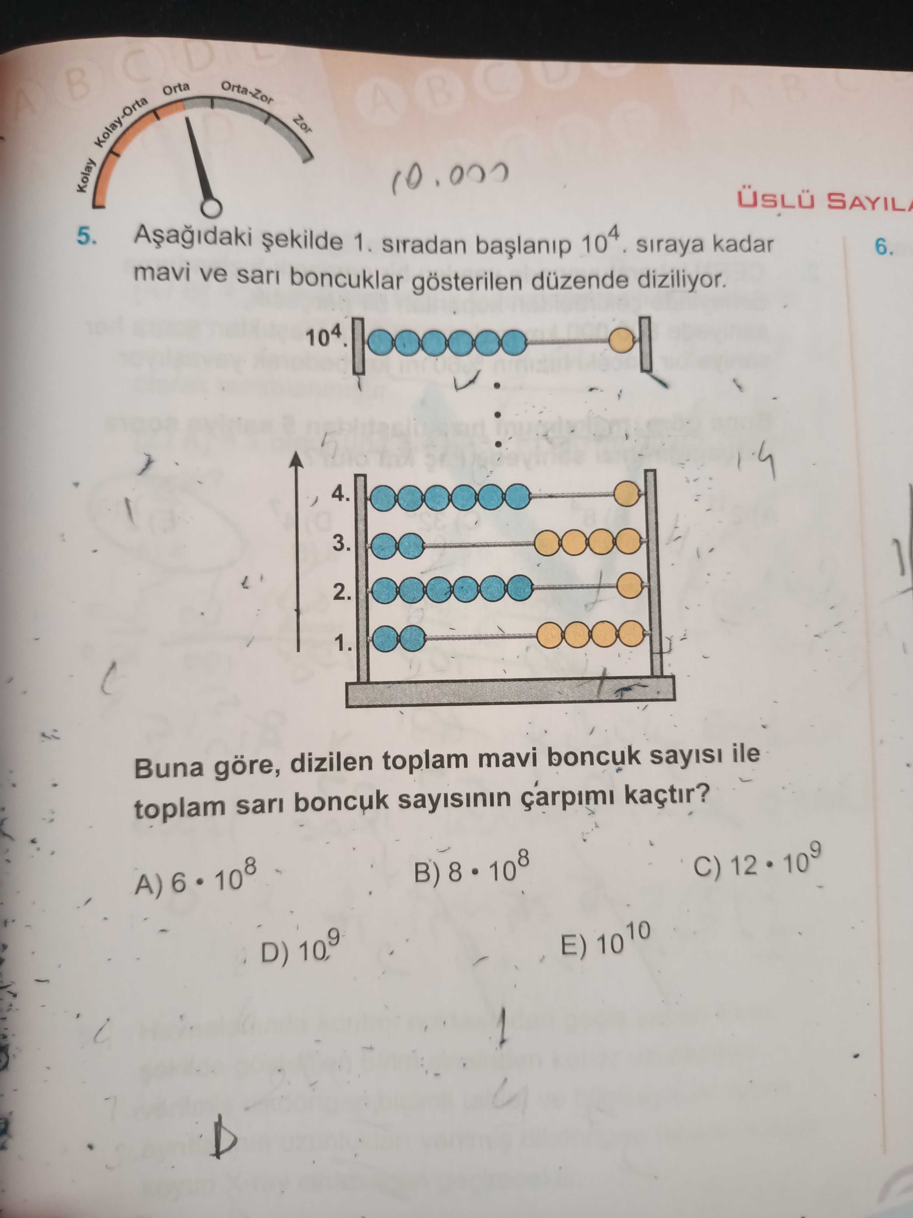 Aşağıdaki şekilde 1. sıradan başlanıp 10⁴. sıraya kadar mavi ve sarı boncuklar gösterilen düzende