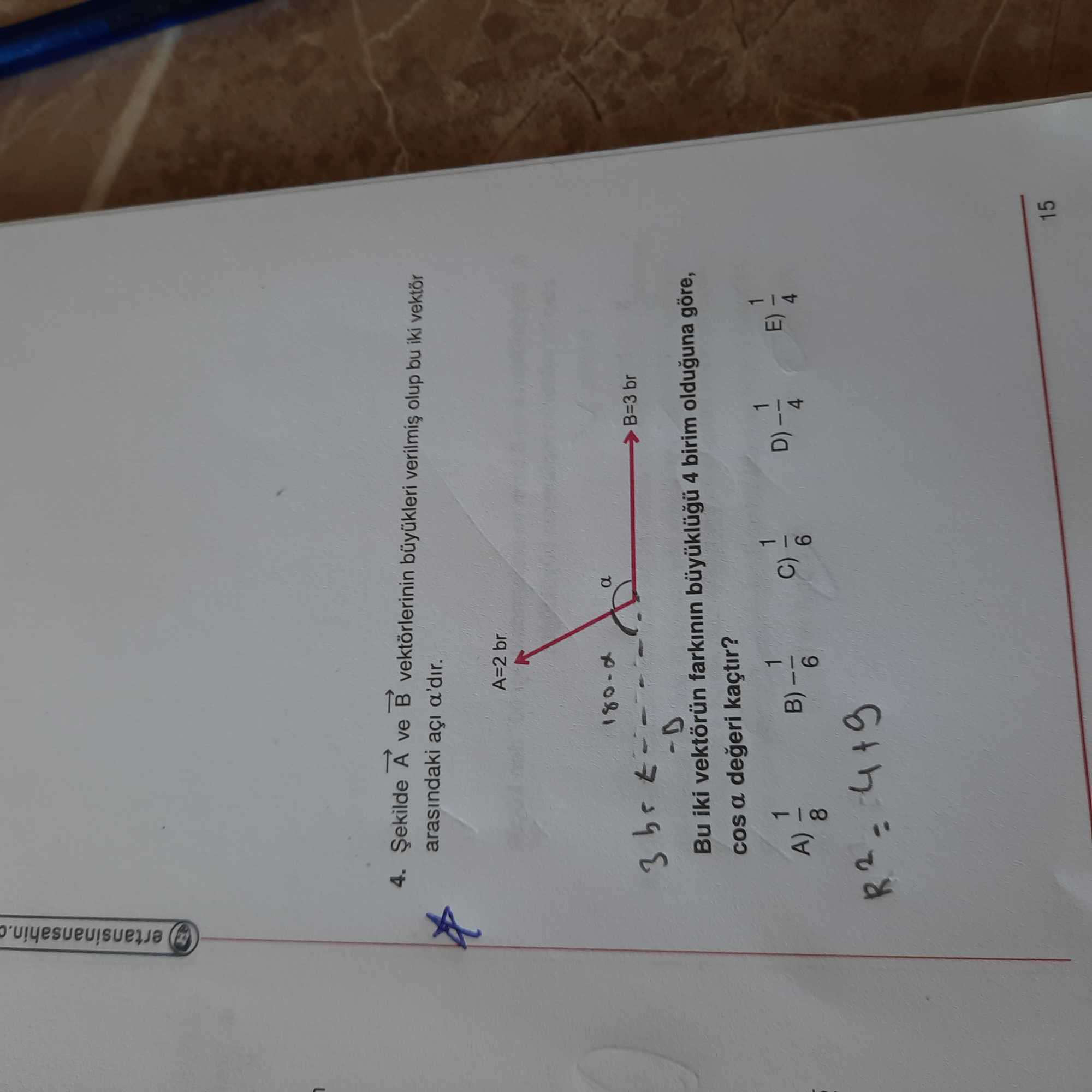 Şekilde A ve B vektörlerinin büyükleri verilmiş olup bu iki vektör arasındaki açı α'dır. Bu iki