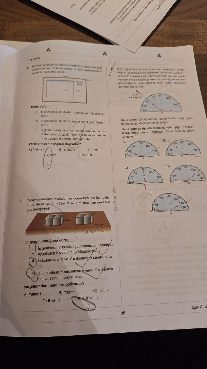 Bir odanın duvarına paralel yerleştirilen düzlem ayna ile düzlem aynasının önünde bulunan K ve L