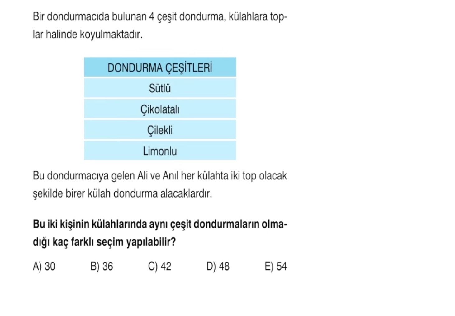 Bir dondurmacıda bulunan 4 çeşit dondurma, külahlara toplar halinde koyulmaktadır. DONDURMA