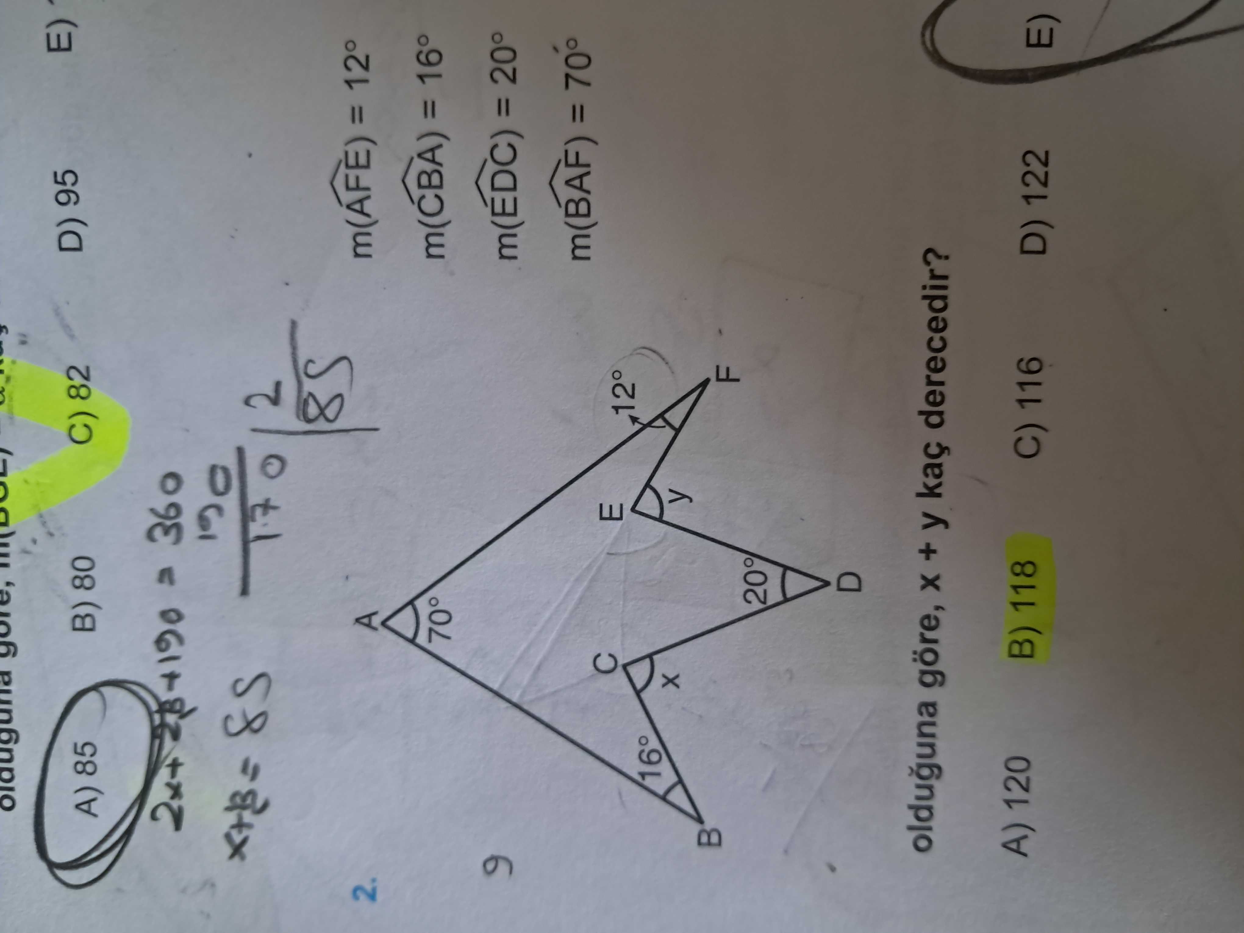 m(AFE) = 12° m(CBA) = 16° m(EDC) = 20° m(BAF) = 70° olduğuna göre, x + y kaç derecedir?